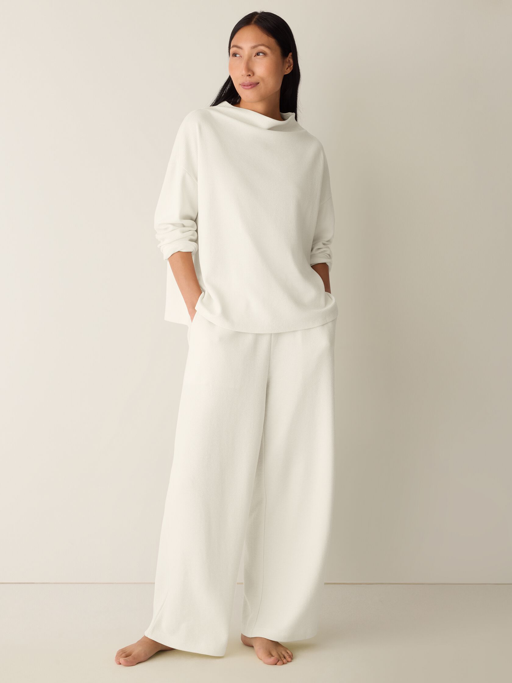 Waffle Cotton Blend Doubleknit Funnel Neck Box-Top