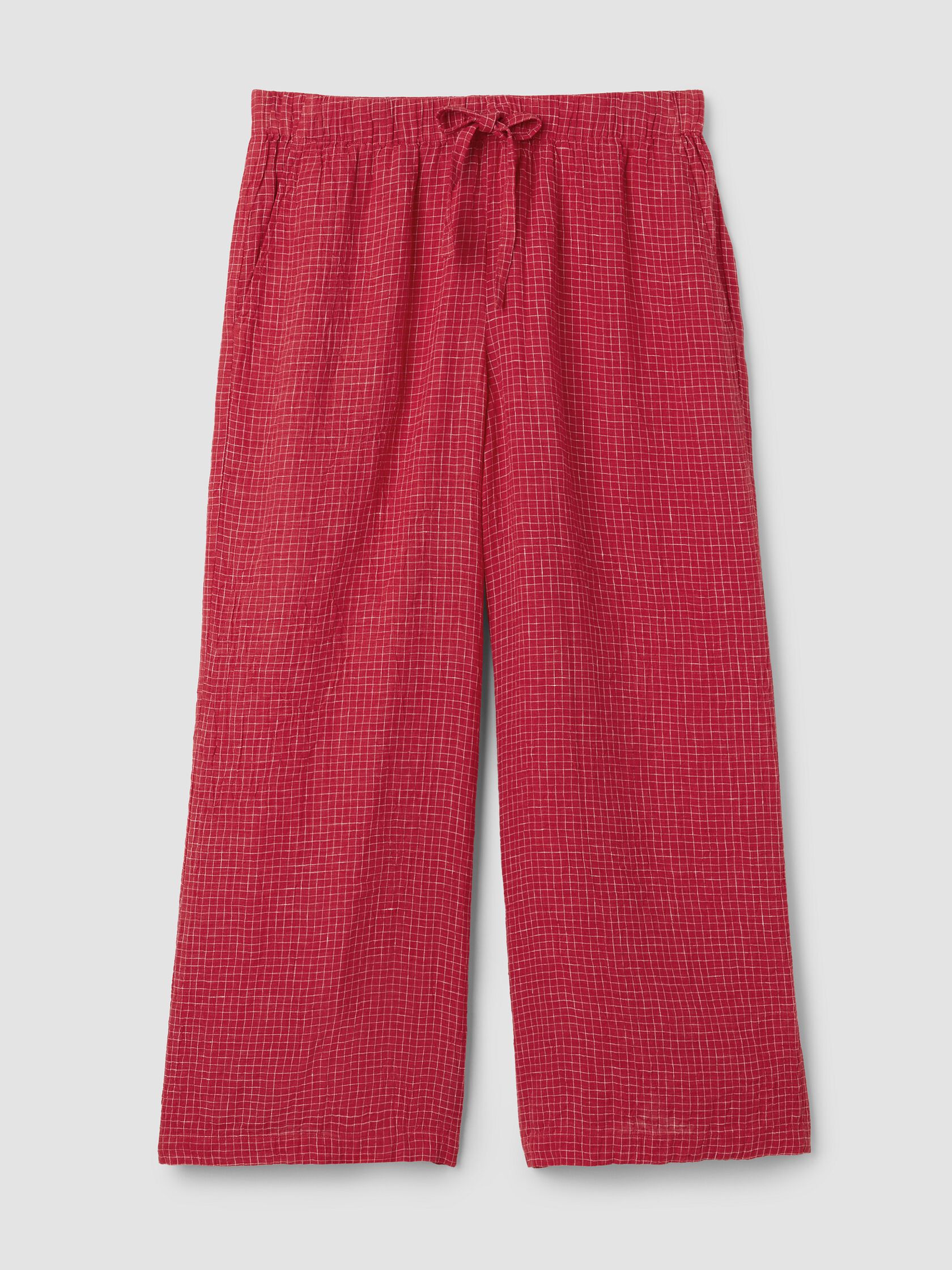 Puckered Organic Linen Grid Wide-Leg Pant