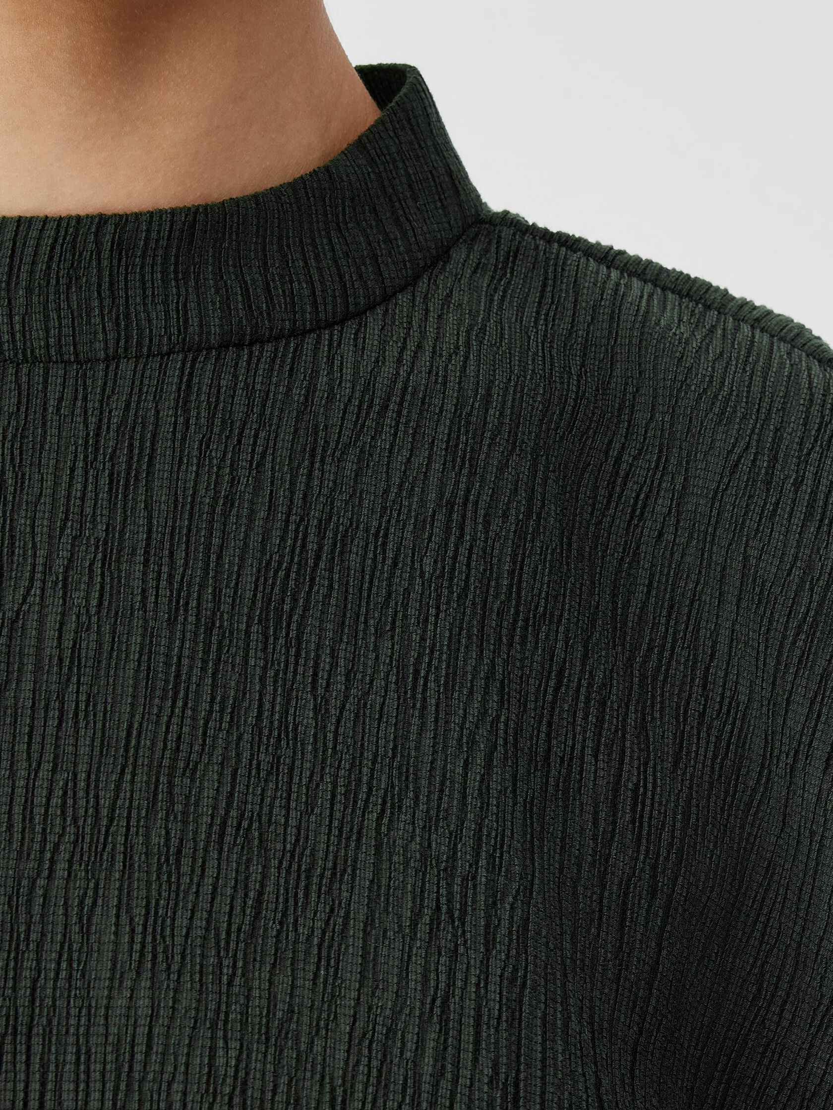 Woven Plissé Mock Neck Top