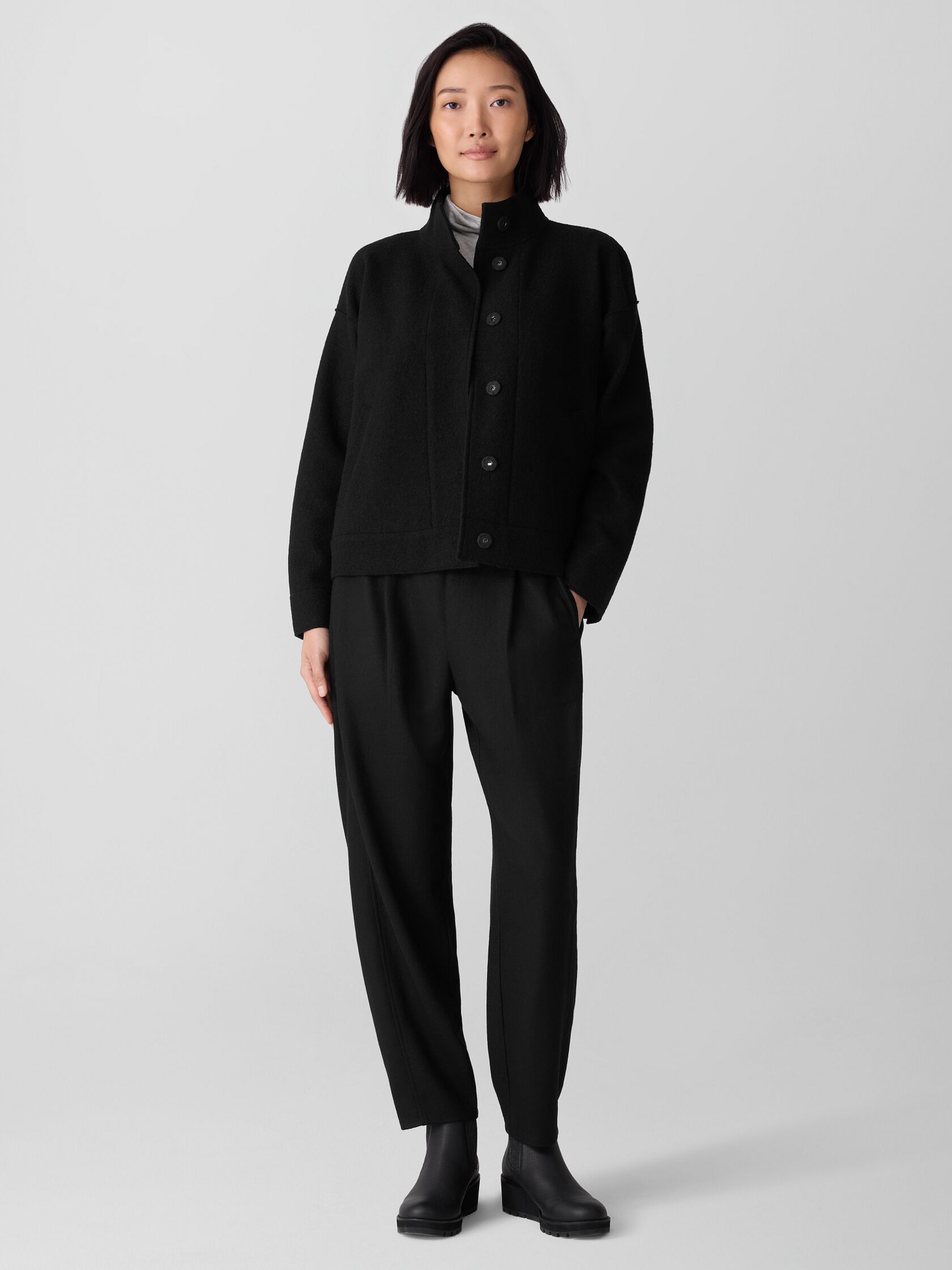 Lightweight Boiled Wool Stand Collar Jacket in Regenerative Wool