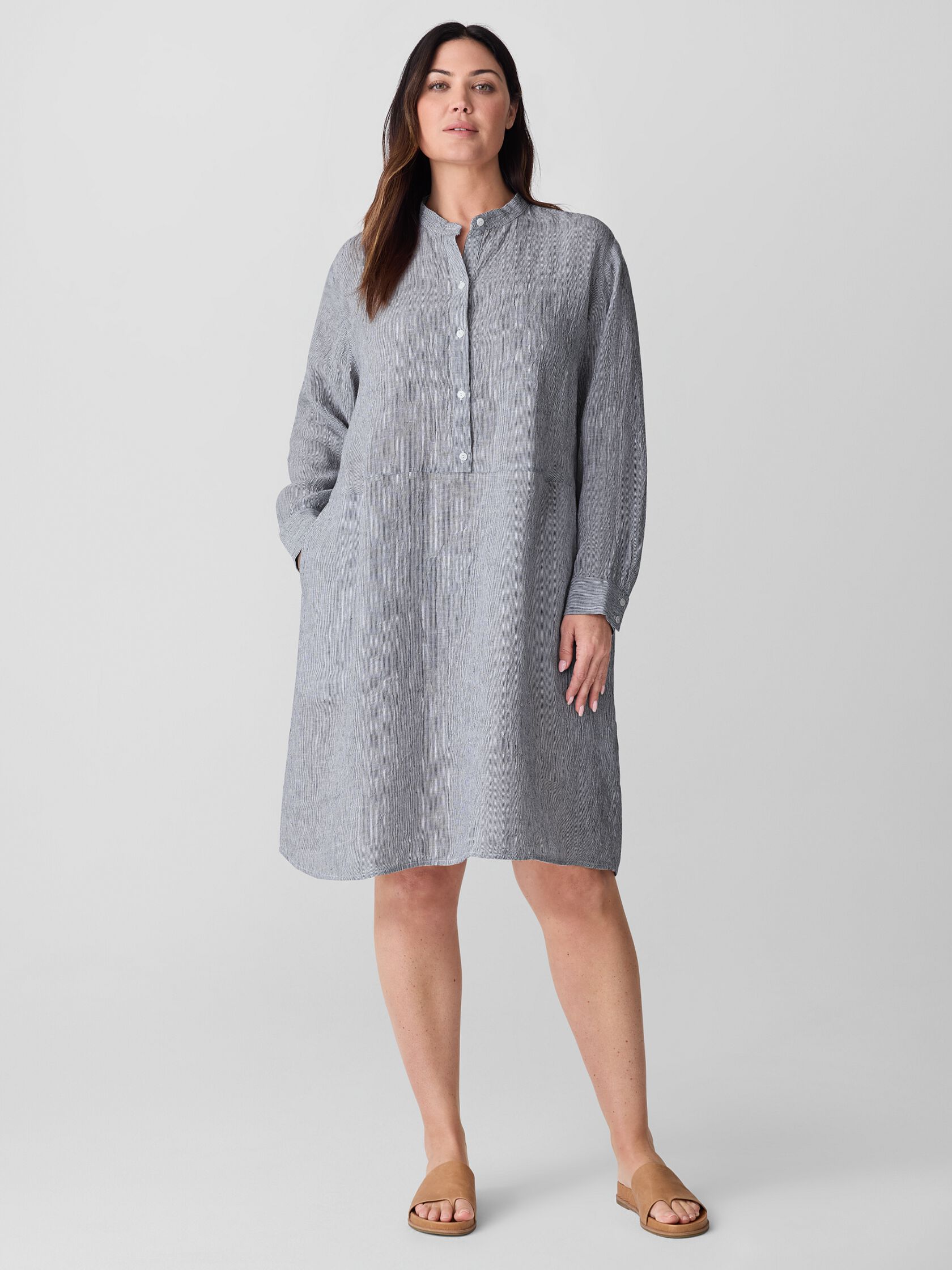Puckered Organic Linen Stripe Band Collar Shirtdress