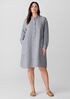 Puckered Organic Linen Stripe Band Collar Shirtdress