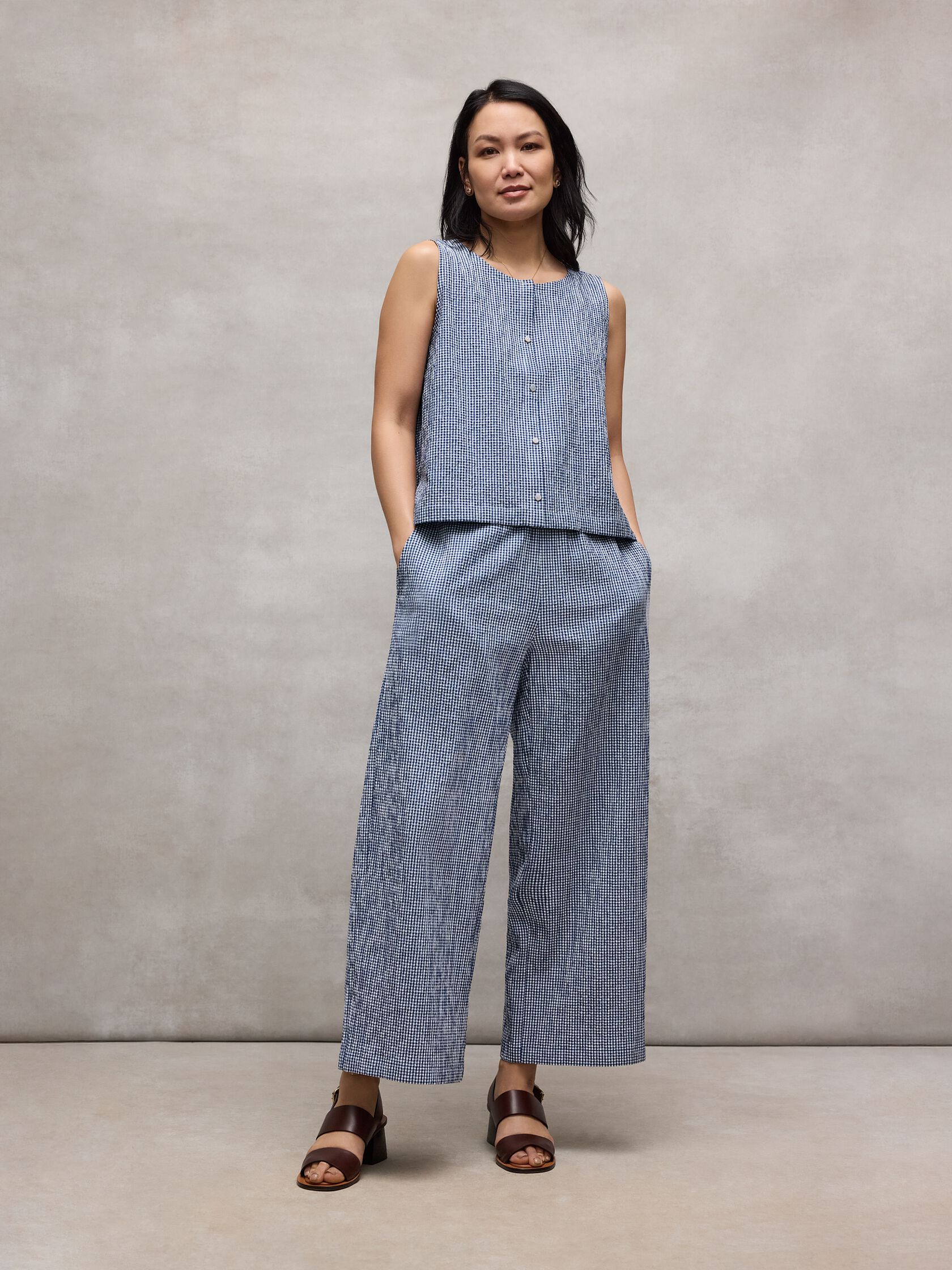 Organic Cotton Pucker Check Wide-Leg Pant