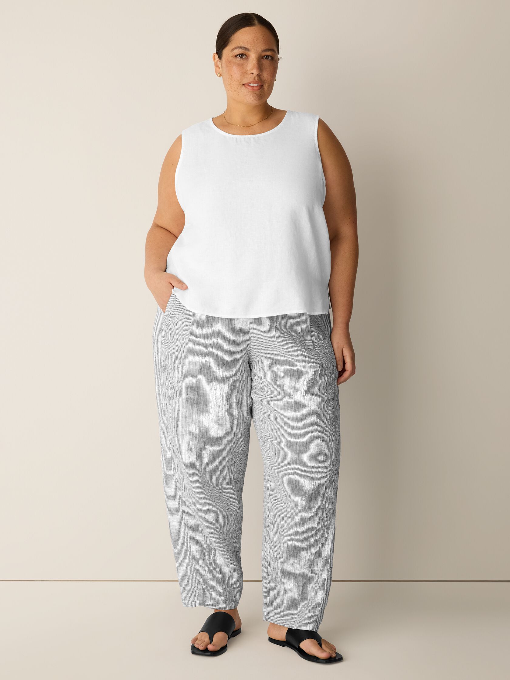 Puckered Organic Linen Stripe Lantern Pant