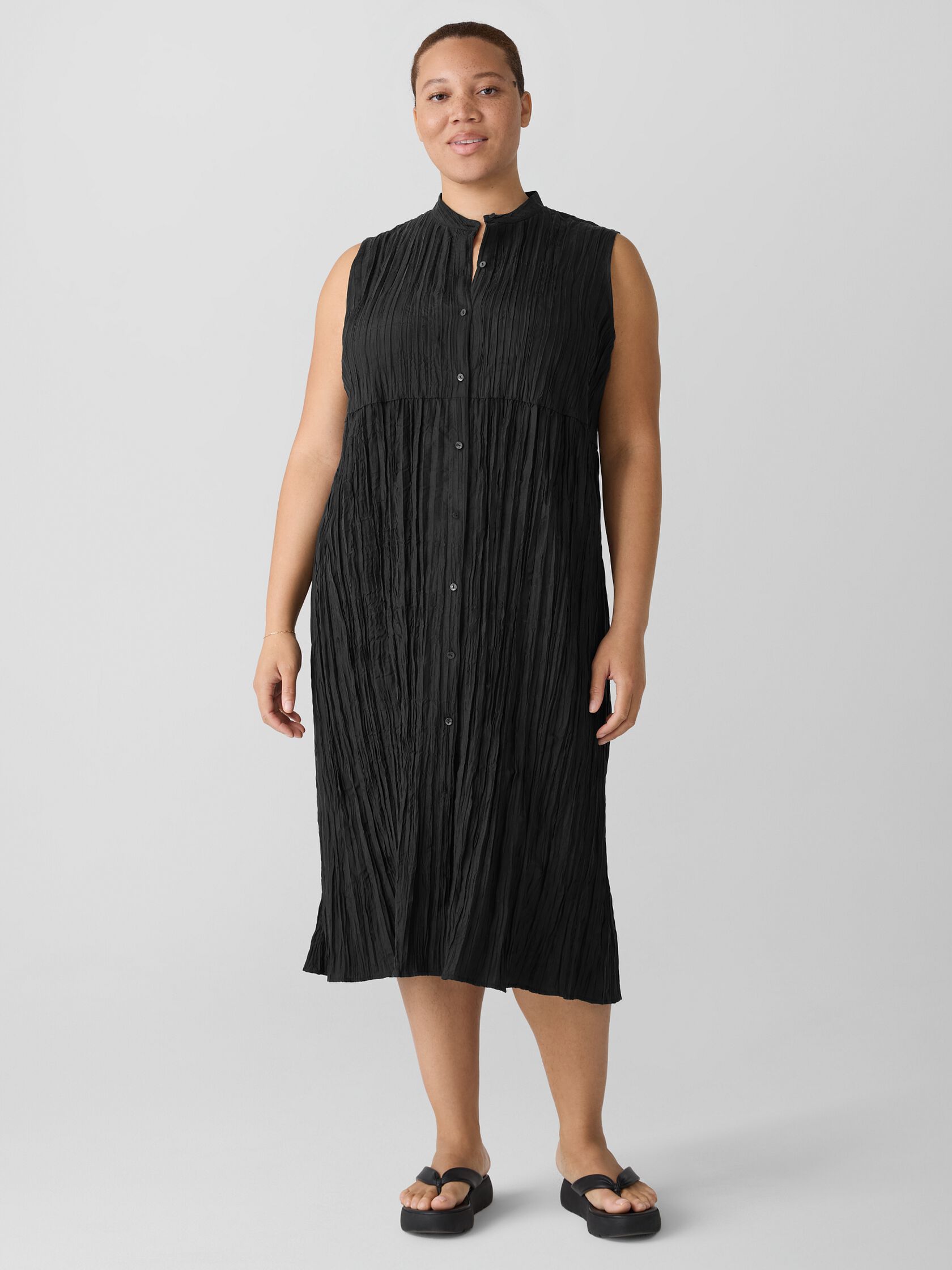 Crinkle Silk Habutai Band Collar Dress