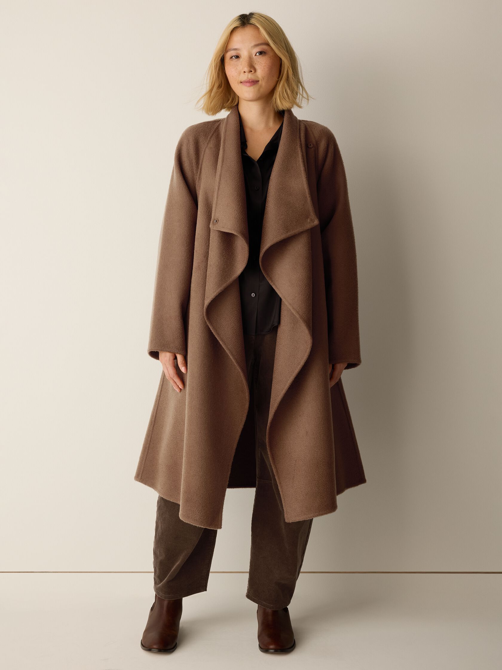 Lustrous Wool Drape Neck Coat