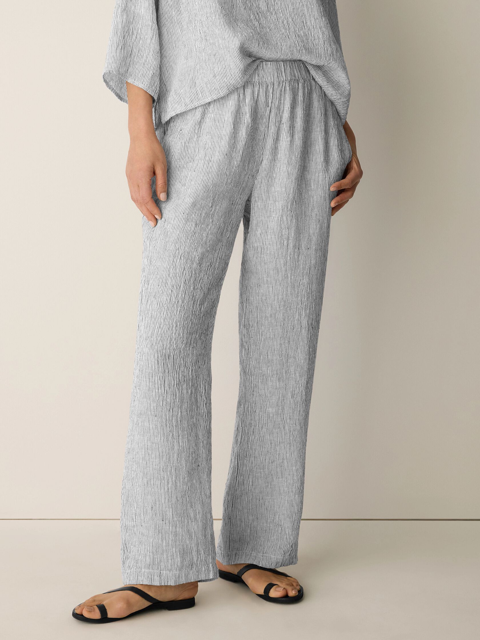 Puckered Organic Linen Stripe Straight Pant