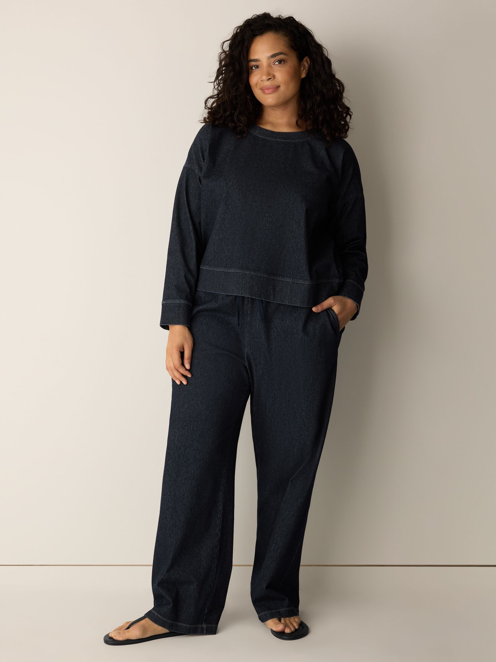 Cotton Indigo Knit Denim Crew Neck Top