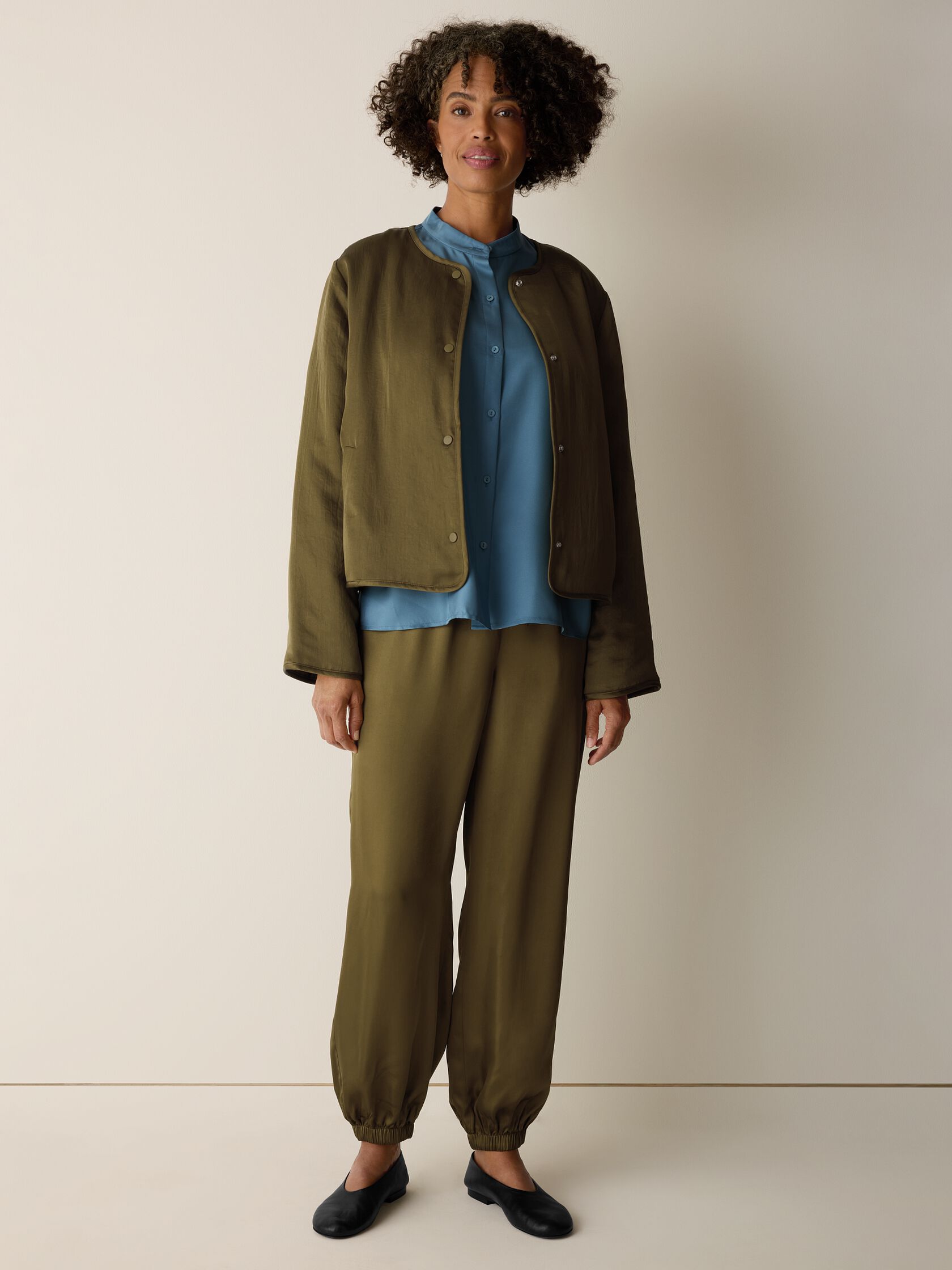 Smooth Satin Shimmer Padded Round Neck Jacket