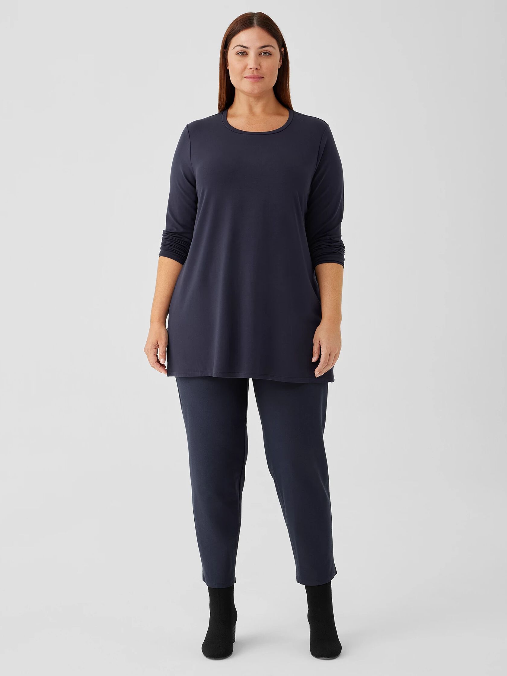 Stretch Jersey Knit Crew Neck Long Top