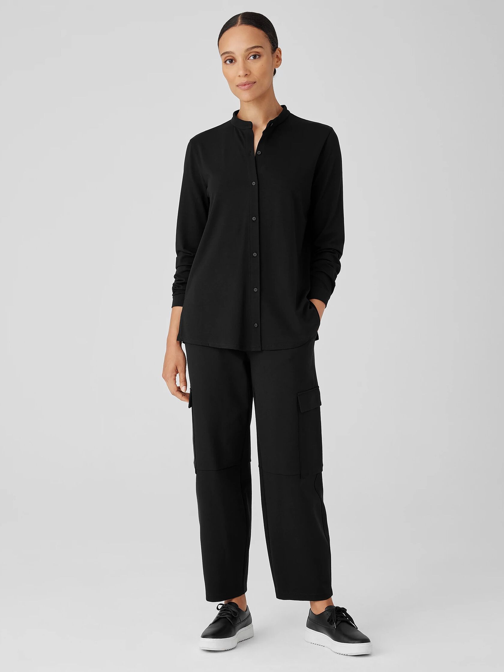 Stretch Jersey Knit Band Collar Shirt