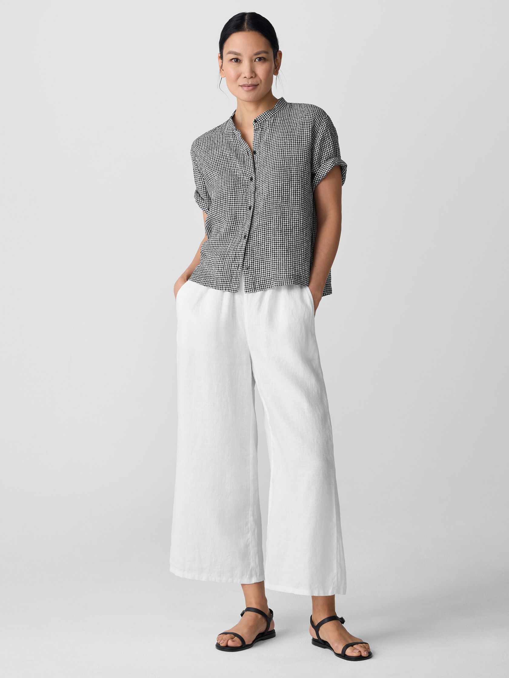 Puckered Organic Linen Band Collar Shirt