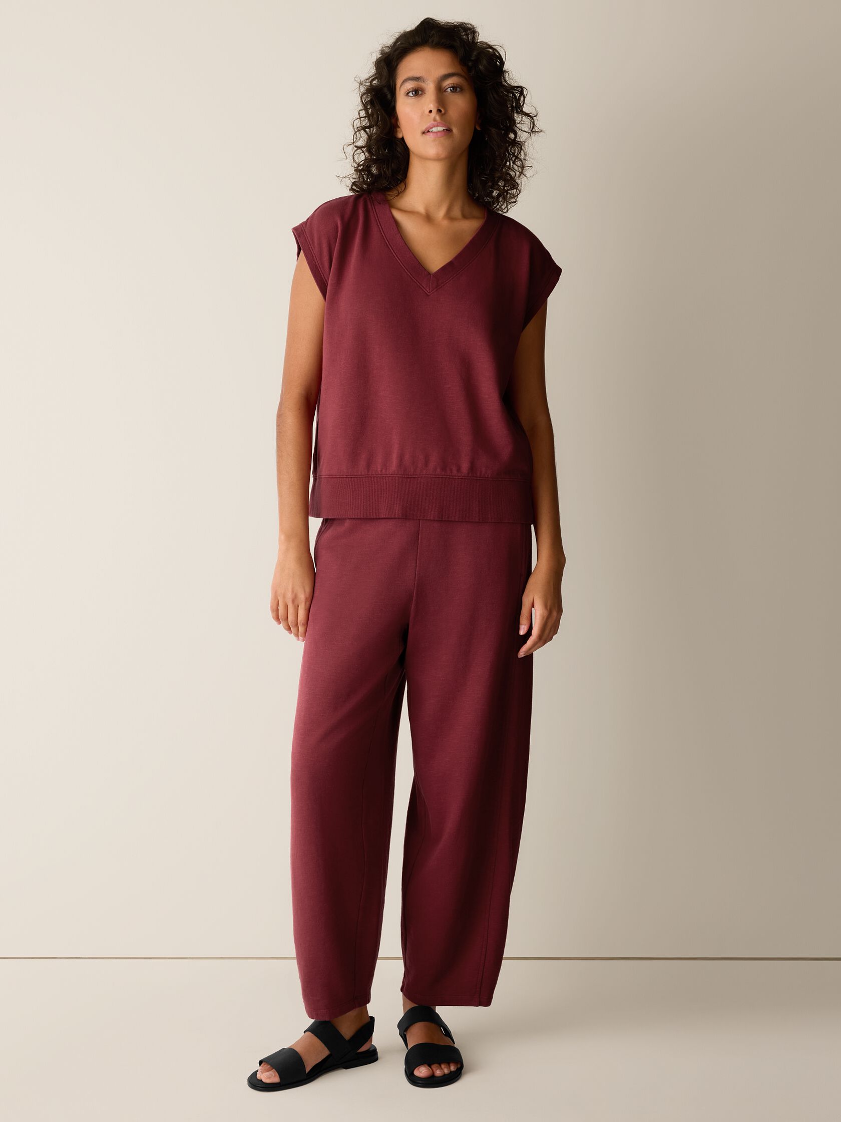 Garment-Dyed Organic Cotton Terry V-Neck Top