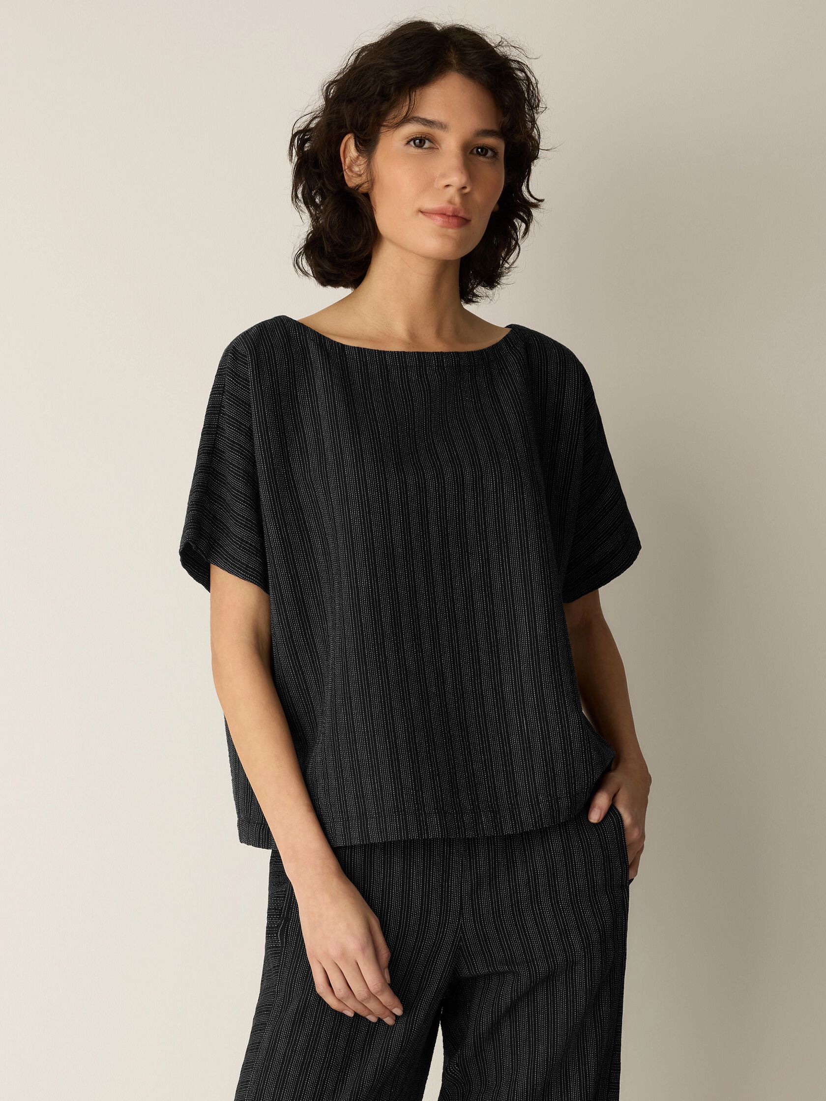 Cotton Blend Stripe Stitch Bateau Neck Top