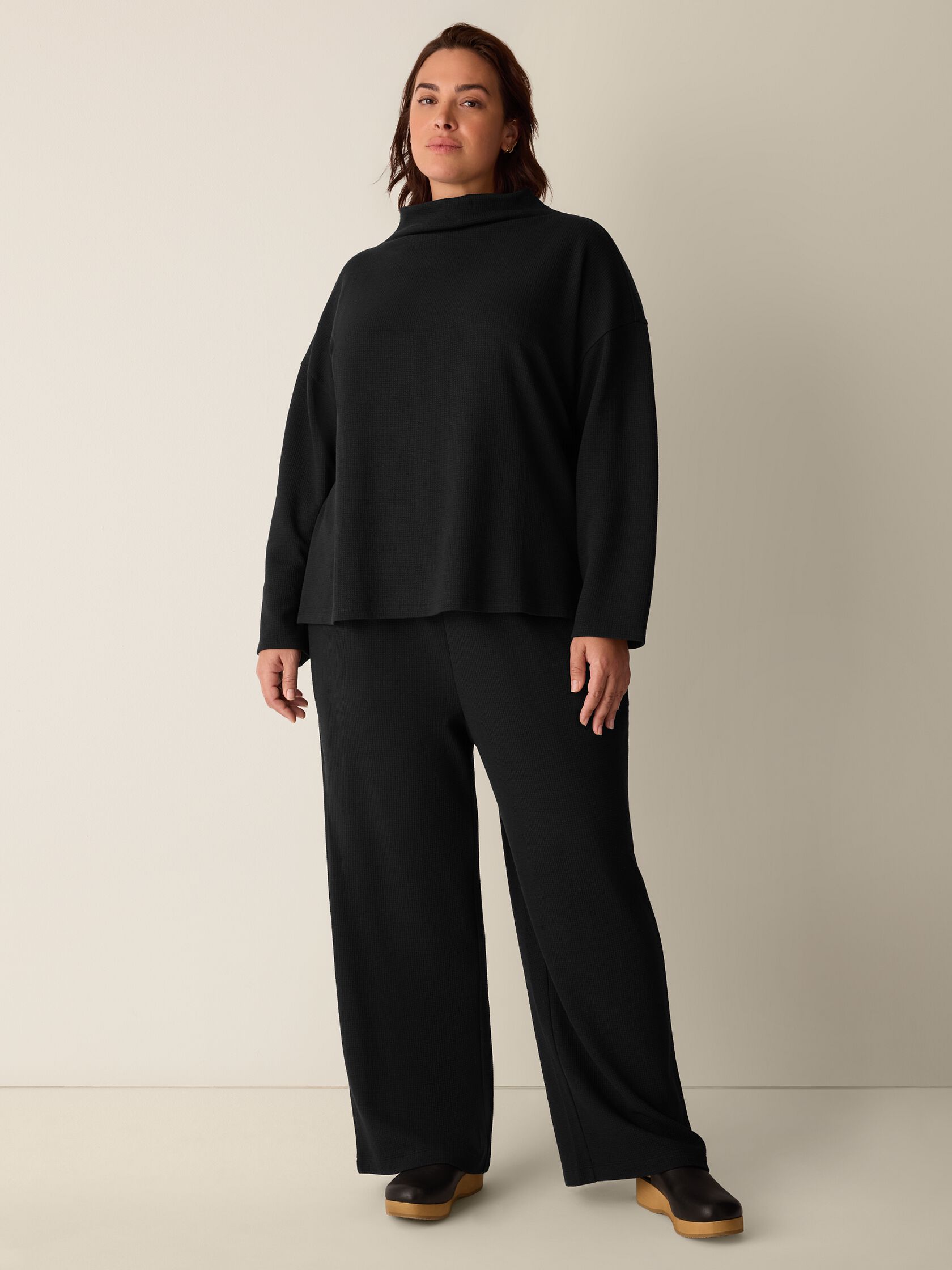 Waffle Cotton Blend Doubleknit Funnel Neck Box-Top