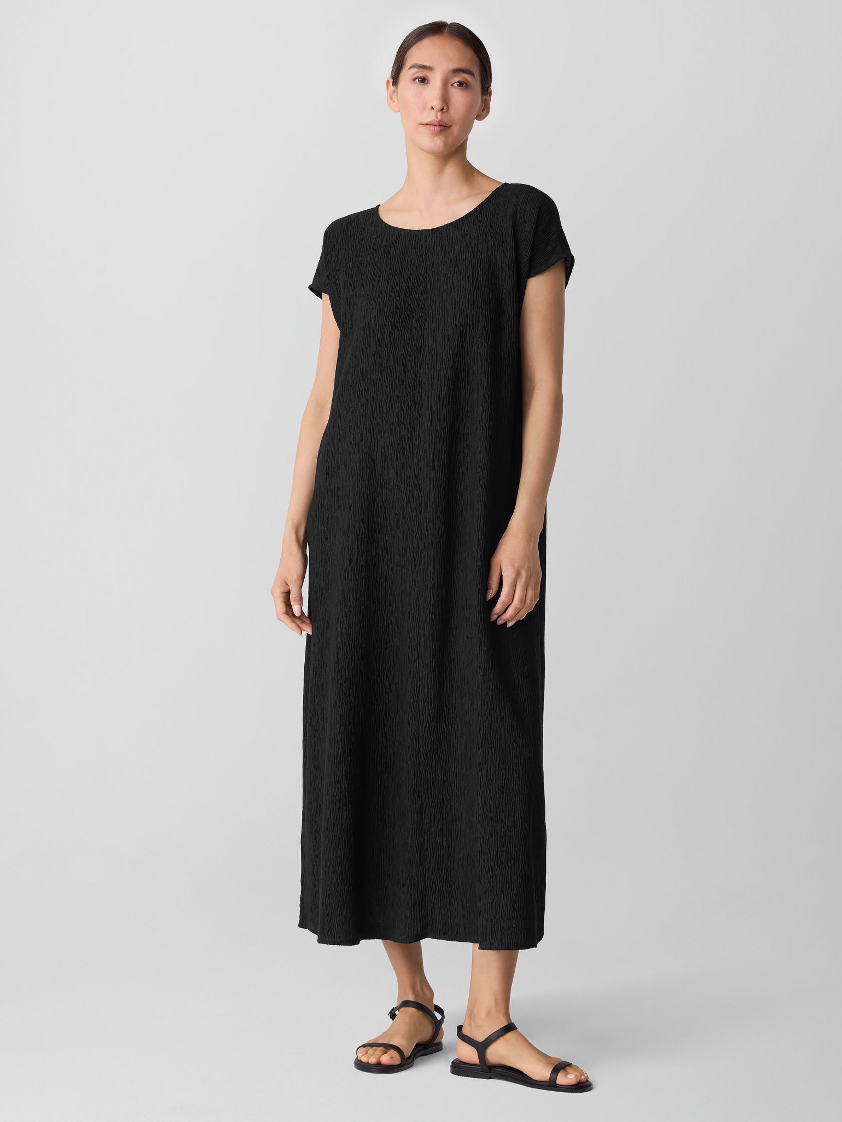 Woven Pliss&eacute; Round Neck Dress