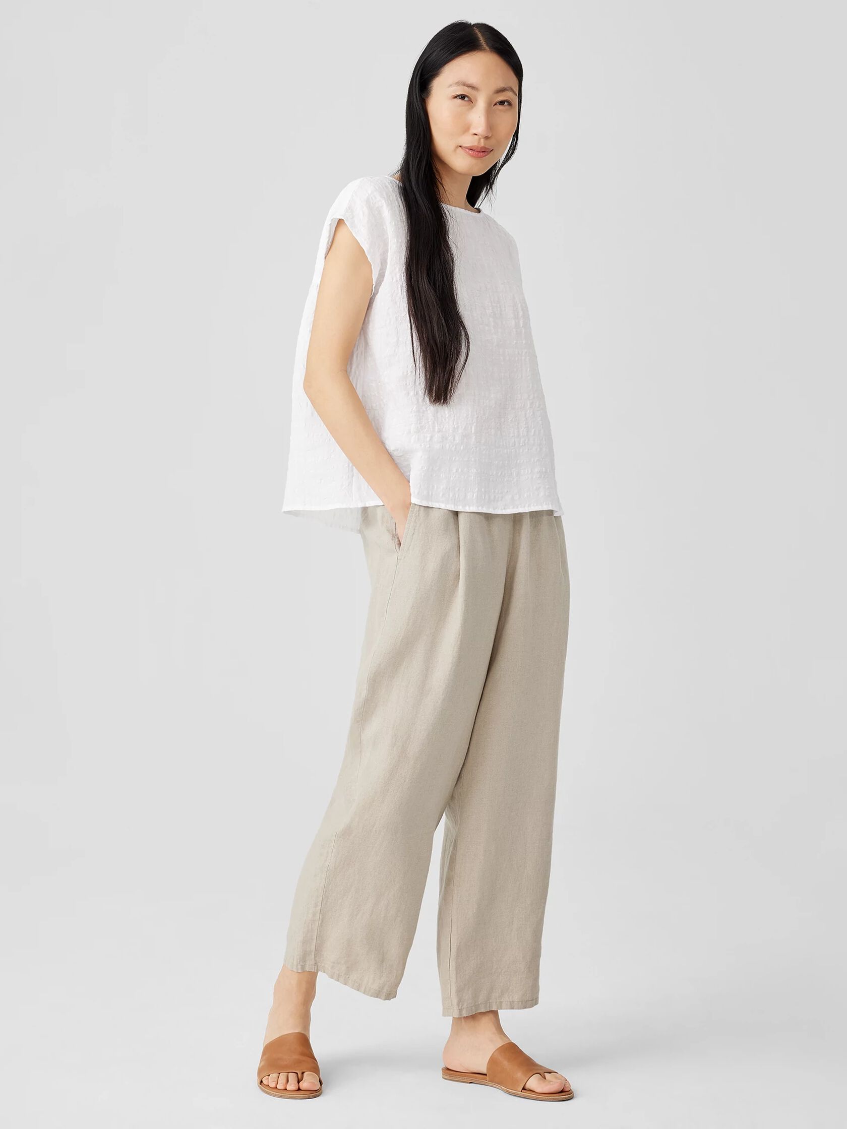 Linen Cotton Sheer Check Shirred-Back Top