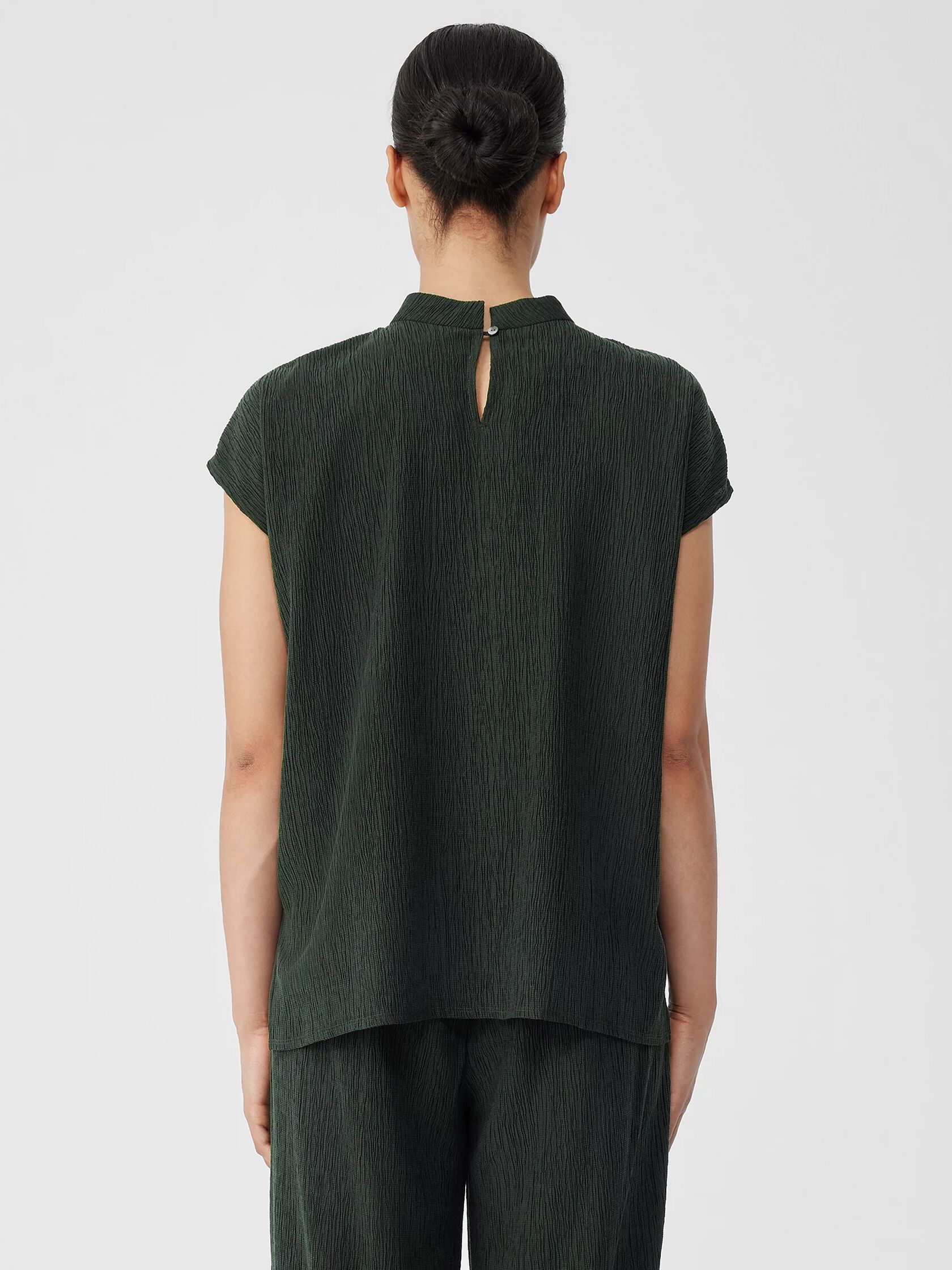 Woven Plissé Mock Neck Top