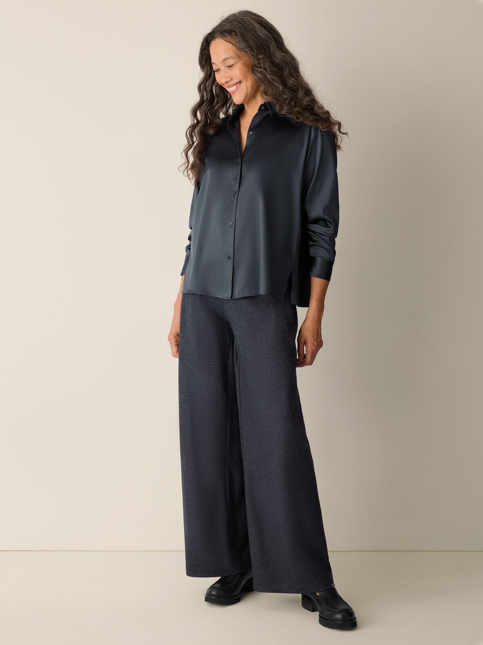 Stretch Silk Charmeuse Classic Collar Shirt