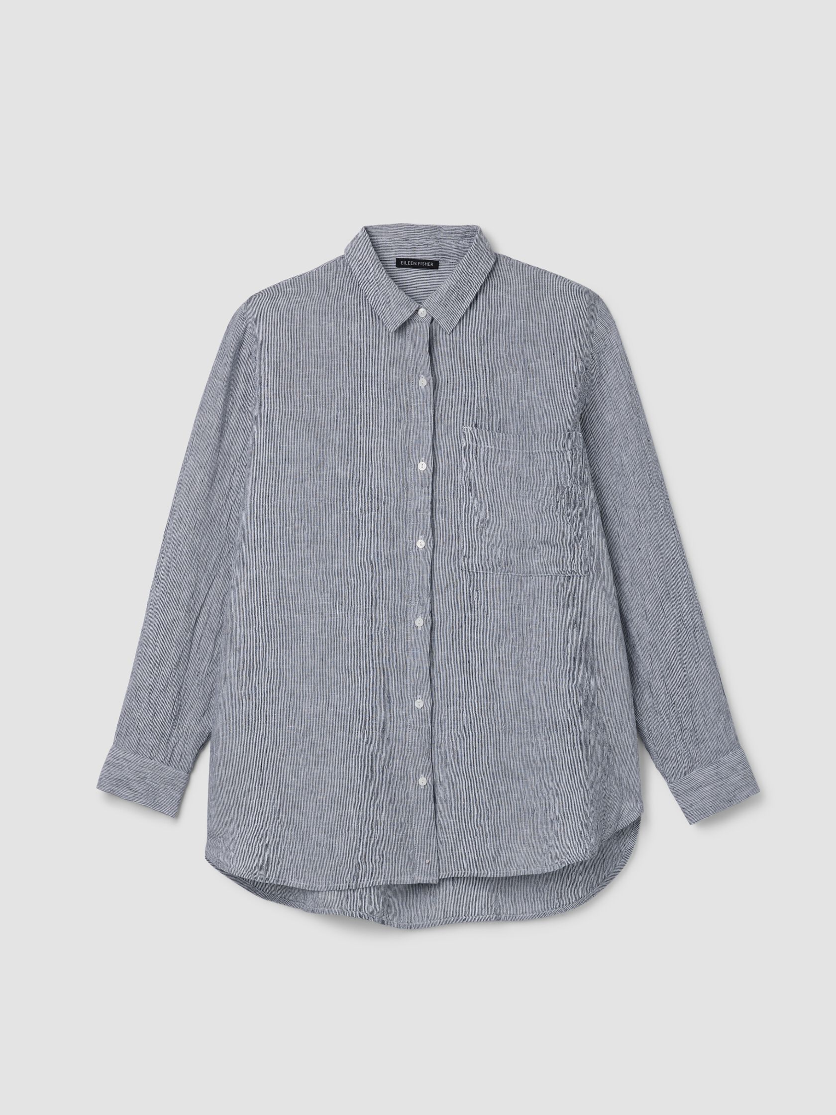 Puckered Organic Linen Stripe Classic Collar Long Shirt
