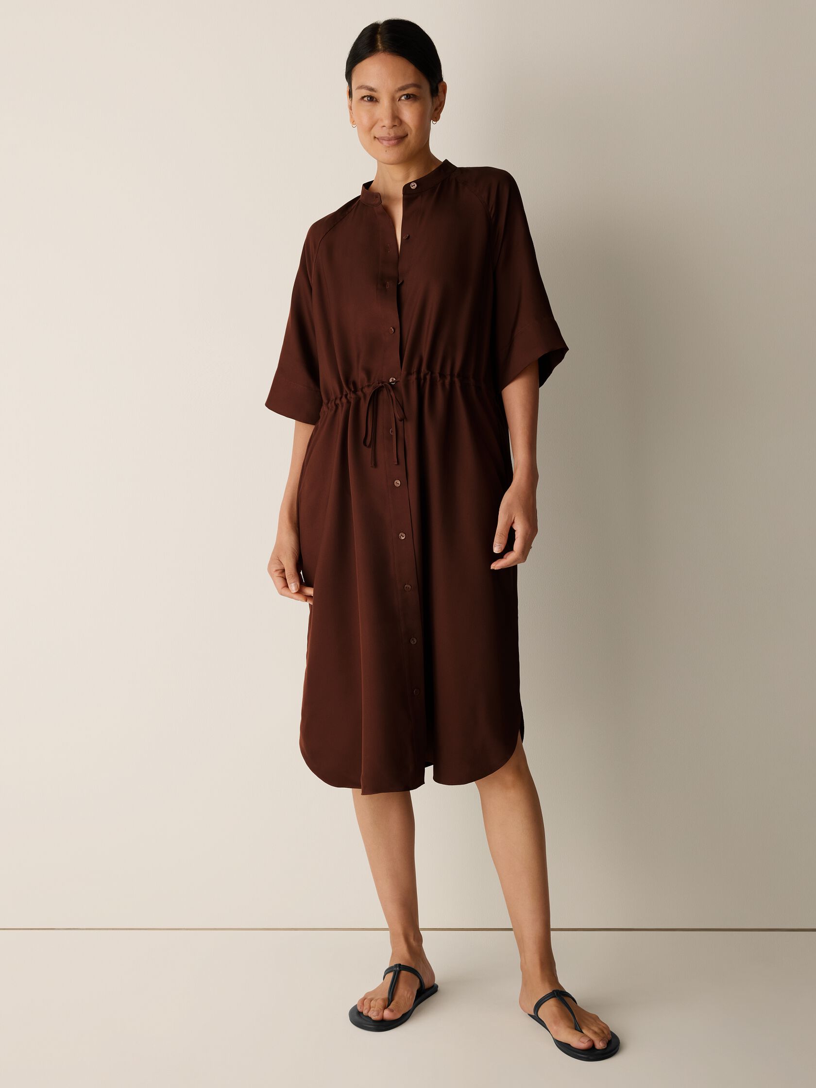 Silk Twill Band Collar Shirtdress