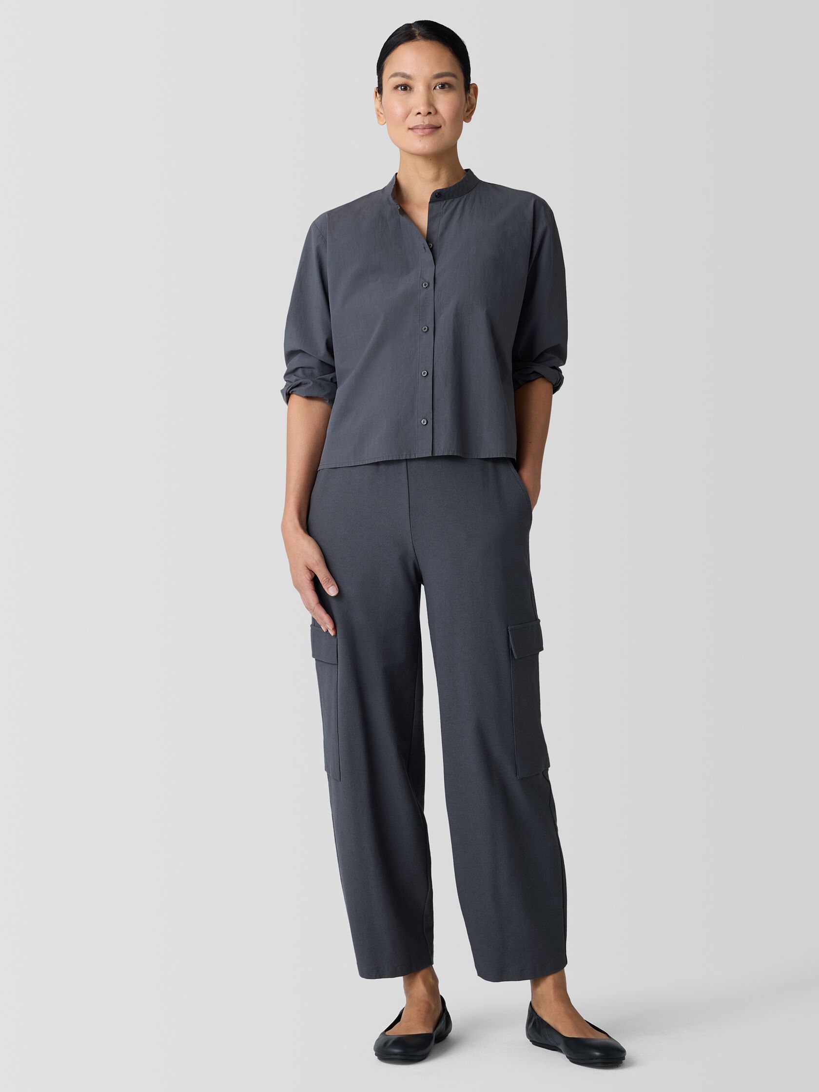 Washed Organic Cotton Poplin Band Collar Short Shirt