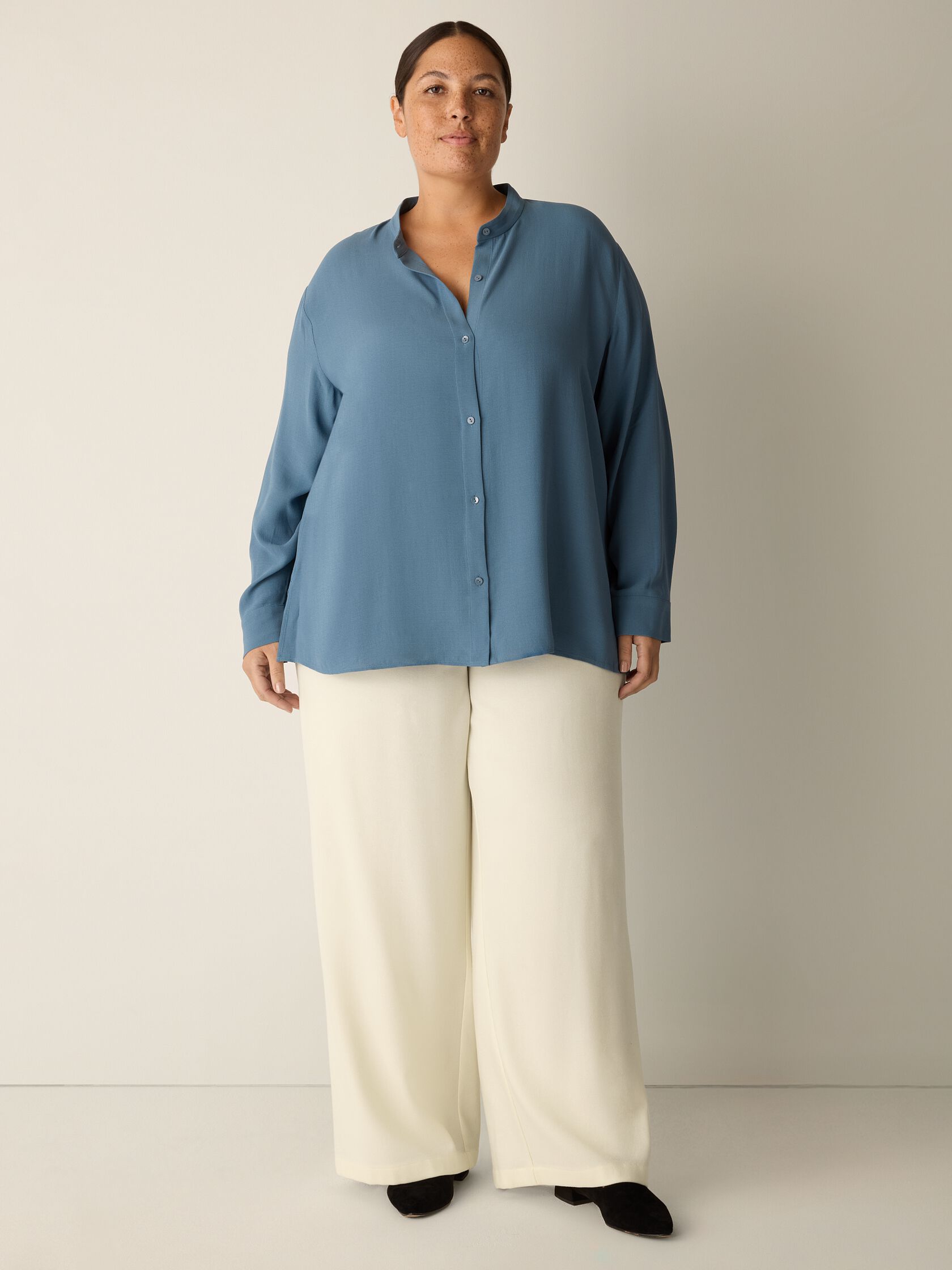 Silk Georgette Crepe Band Collar Top