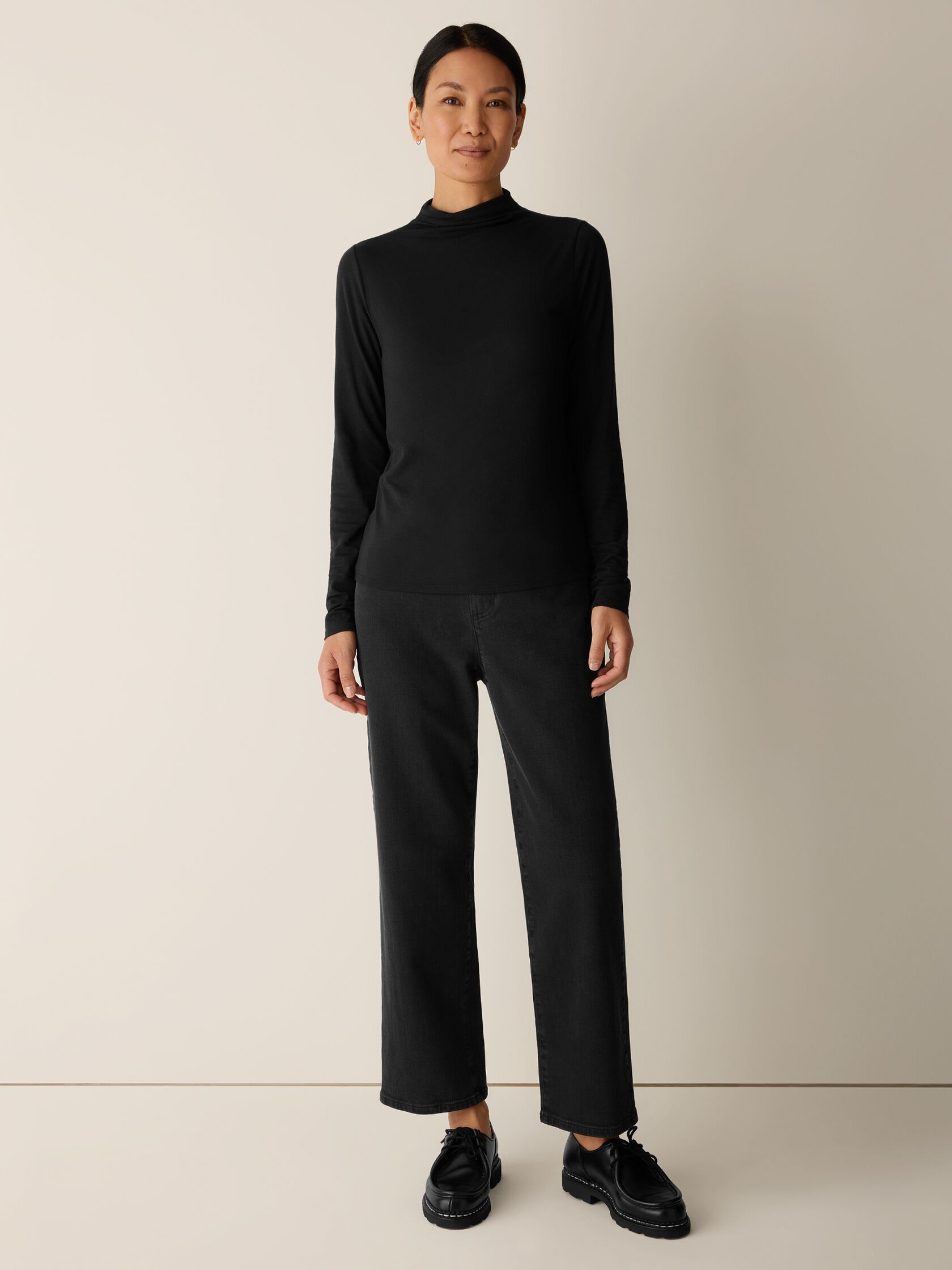 Sheer Cotton Blend Knit Funnel Neck Top