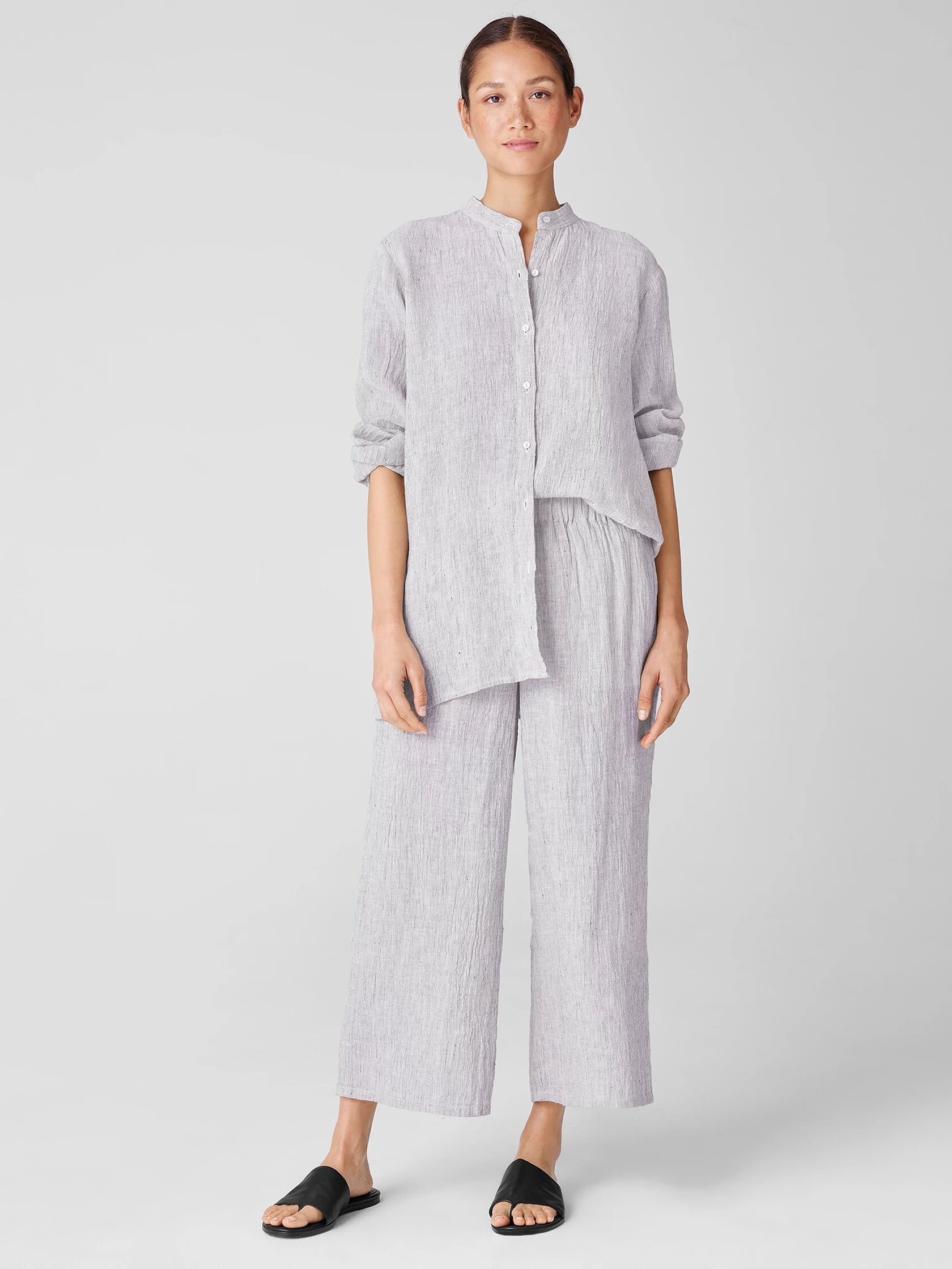 Striped Organic Linen Crinkle Wide-Leg Pant