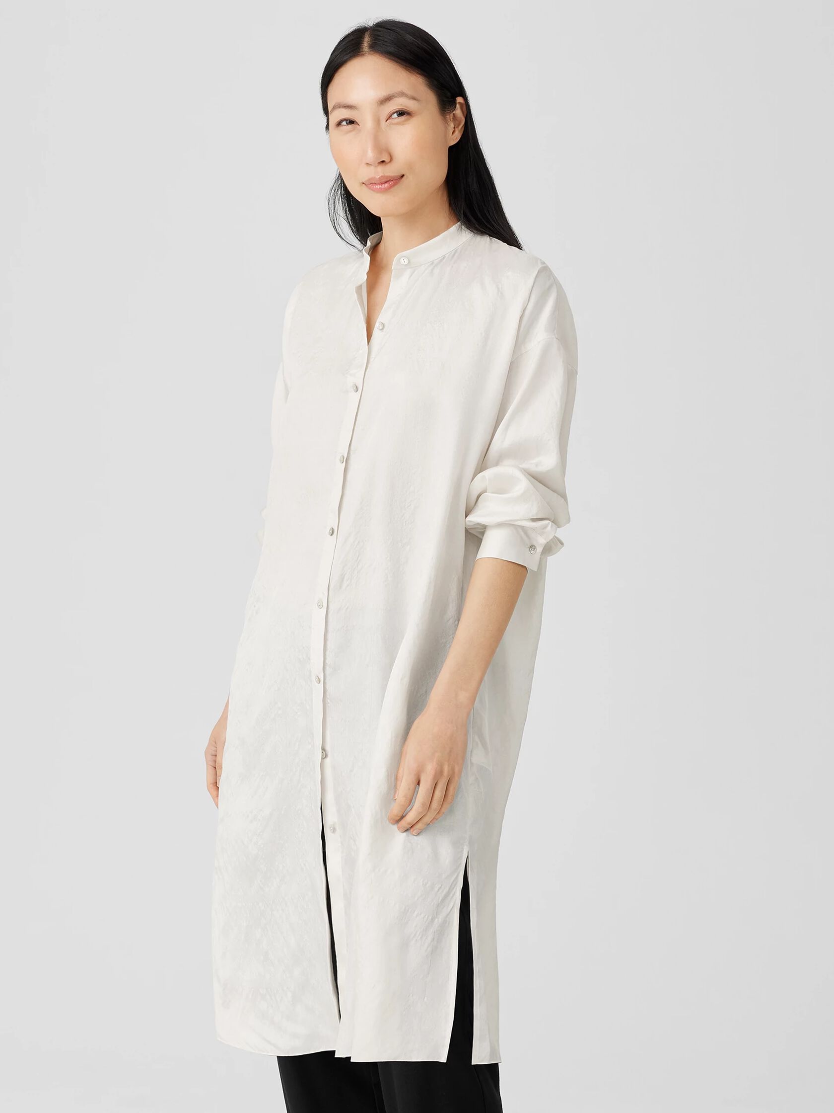 Washed Silk Tussah Mandarin Collar Shirtdress