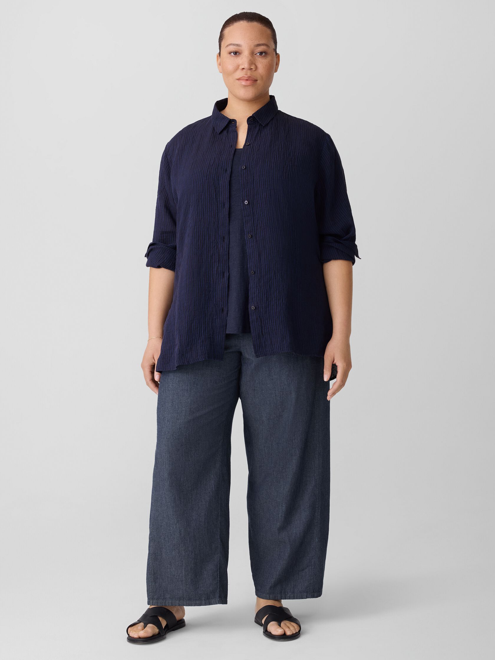Puckered Organic Linen Stripe Classic Collar Shirt