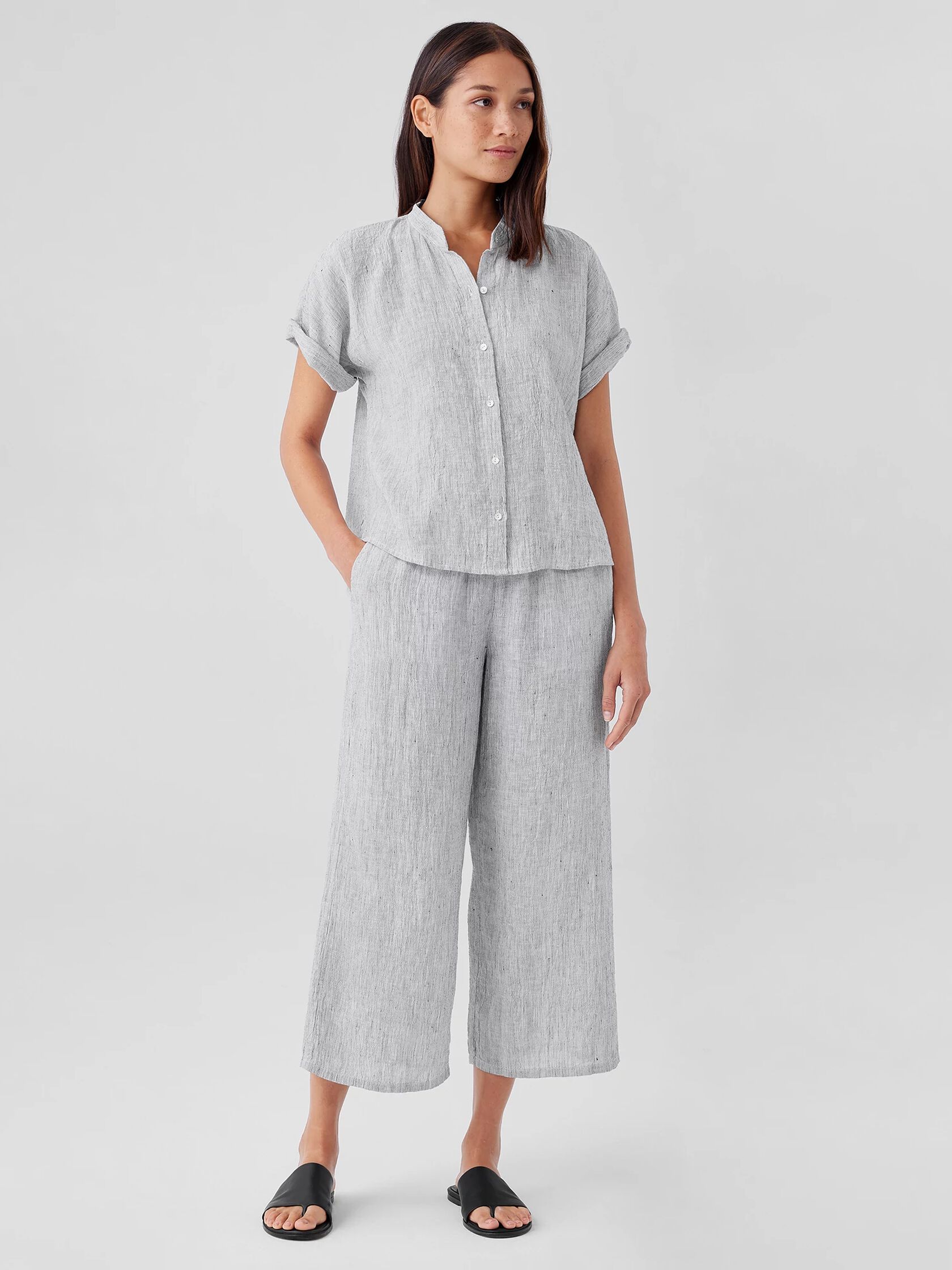 Crinkled Organic Linen Stripe Short-Sleeve Shirt