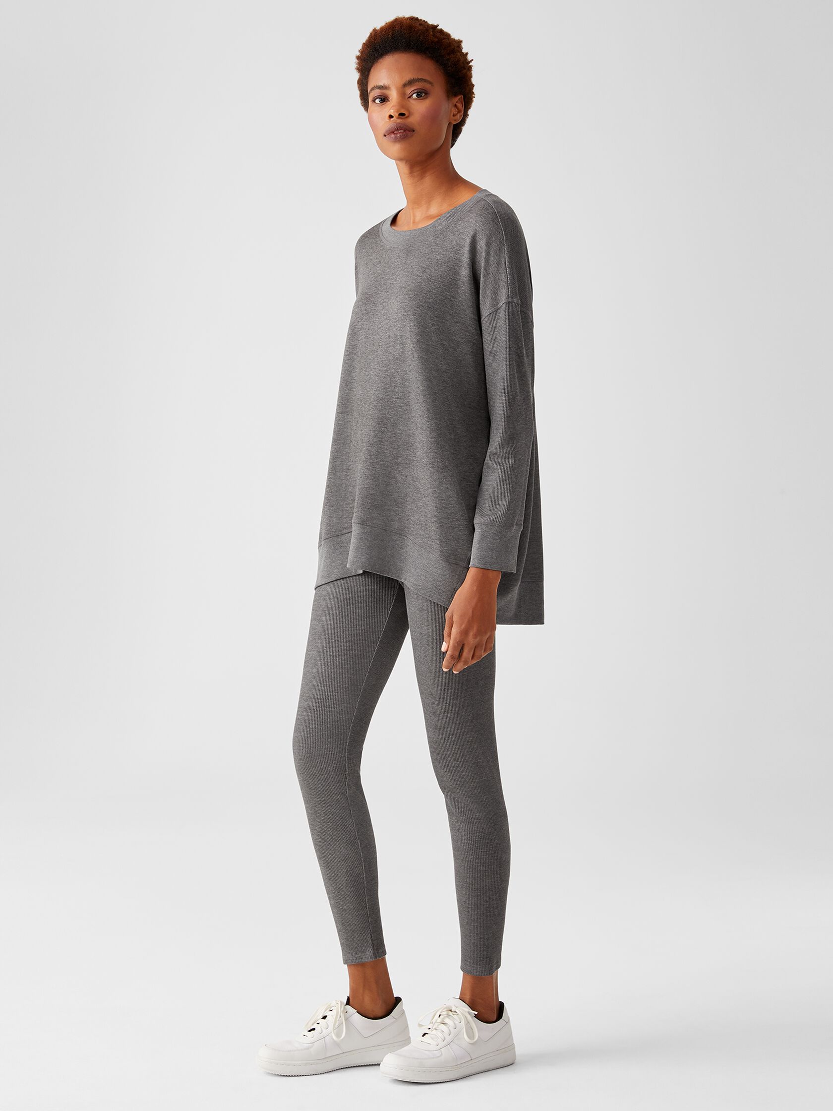 Waffle Stretch Knit Crew Neck Top