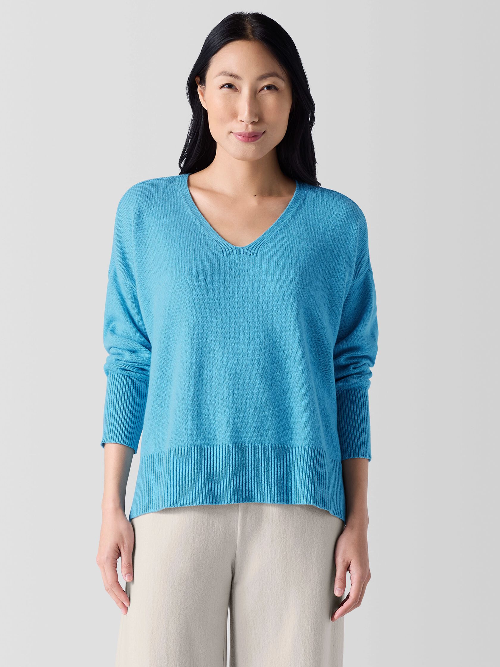 Cotton and Recycled Cashmere V-Neck Top