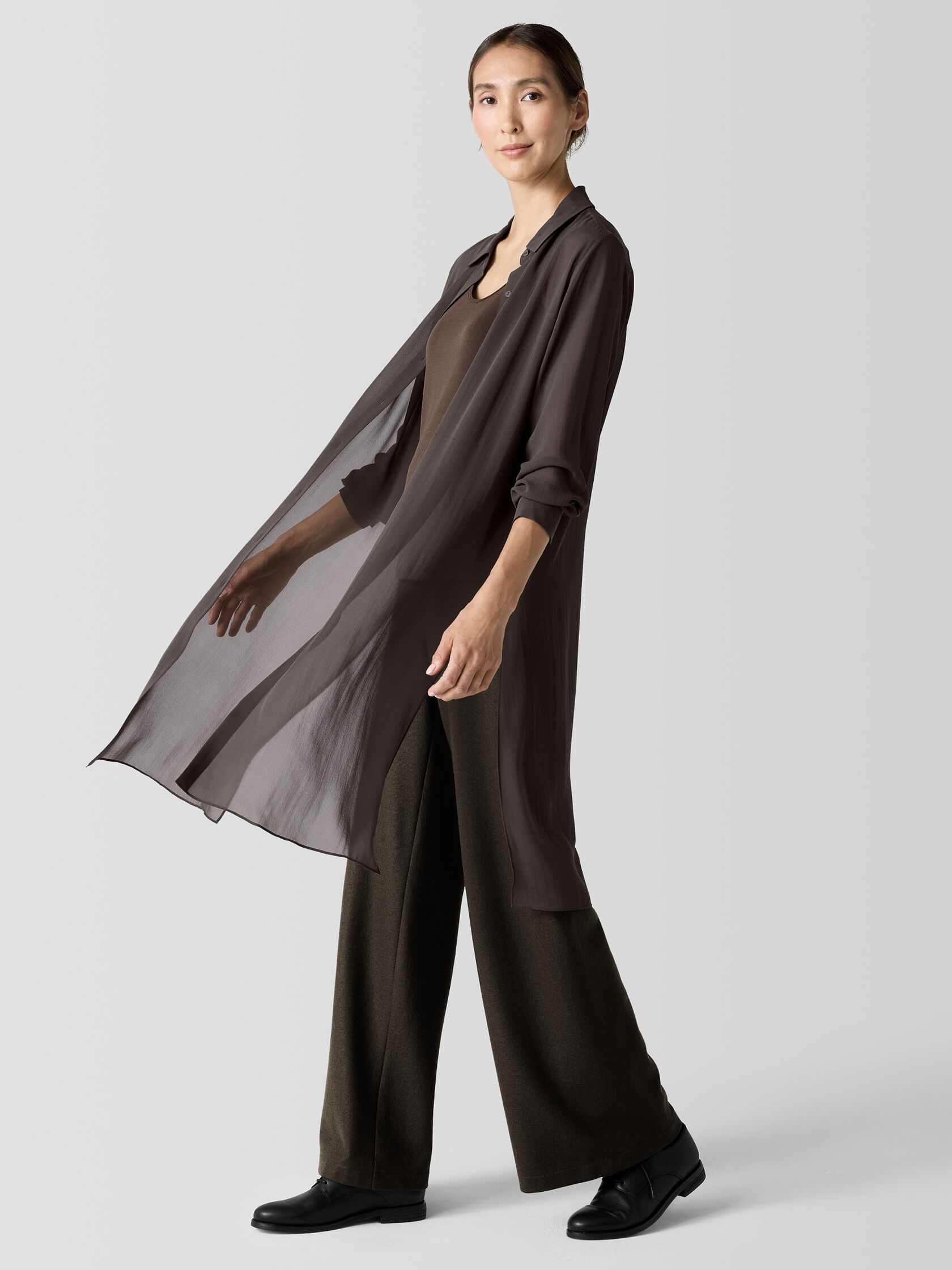 Sheer Silk Georgette Classic Collar Long Shirt