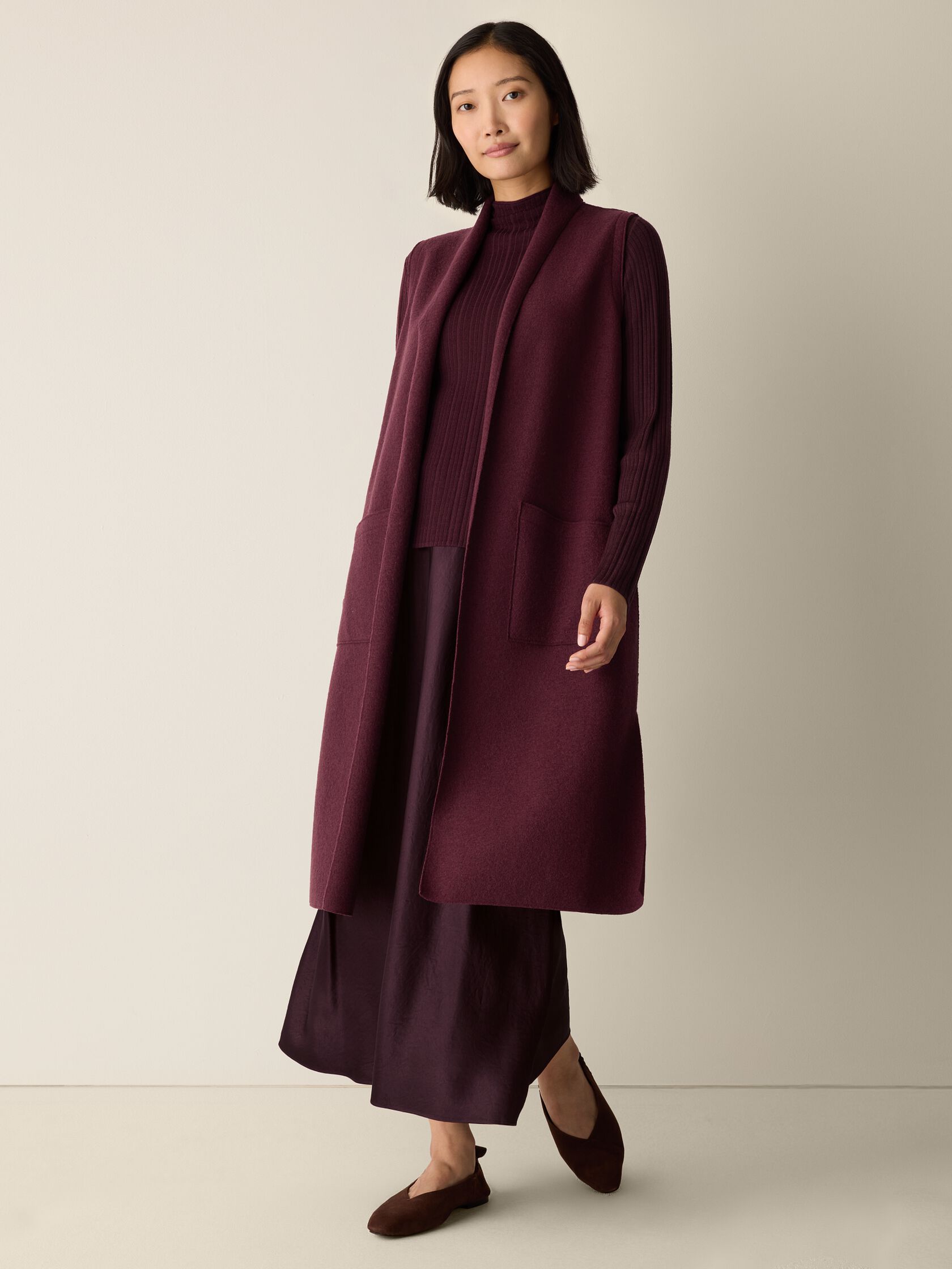 Lightweight Boiled Wool Shawl Collar Vest in Regenerative Wool