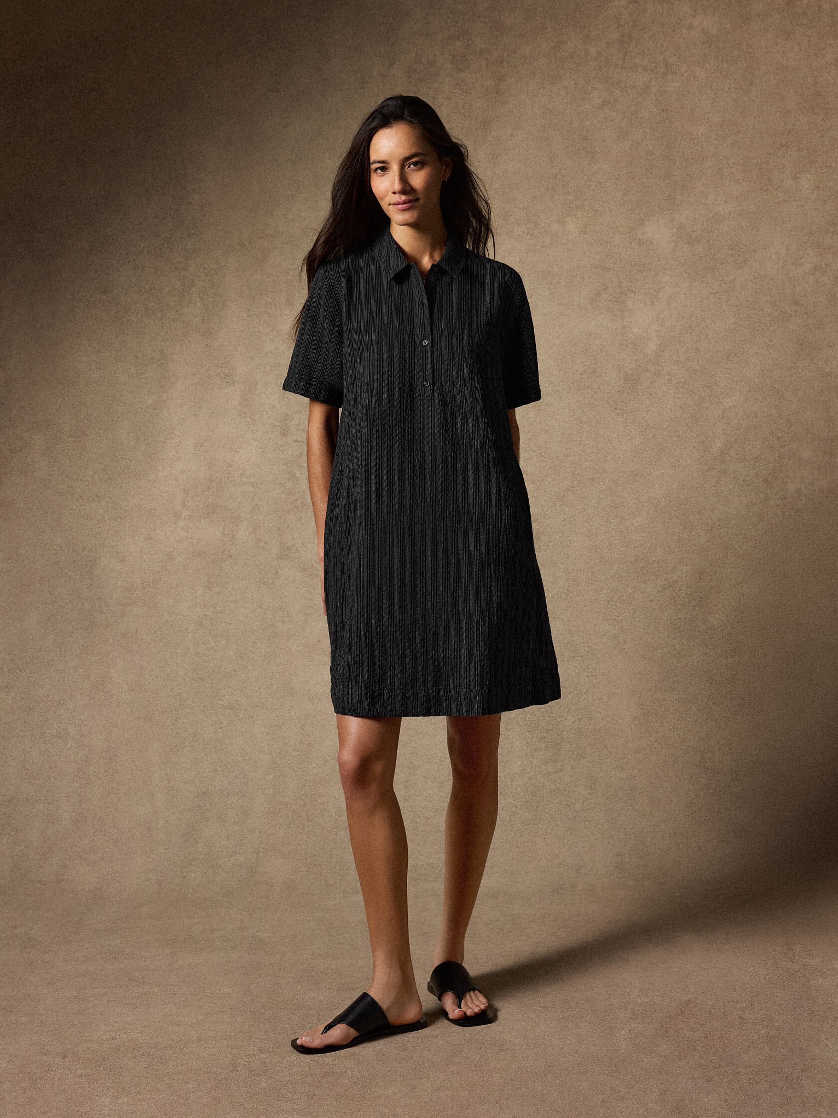 Cotton Blend Stripe Stitch Classic Collar Dress