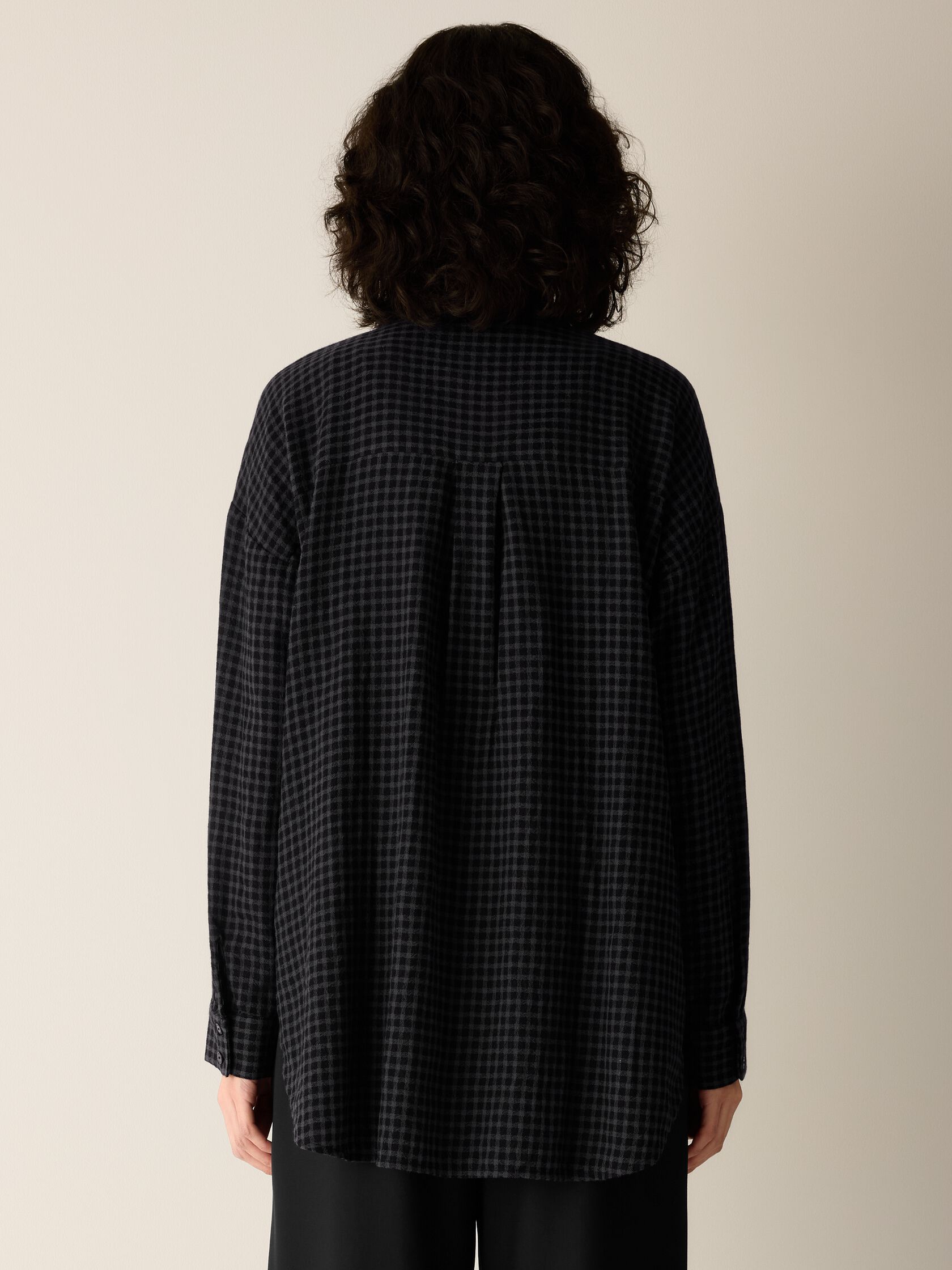 Wool Cotton Check Classic Collar Long Shirt