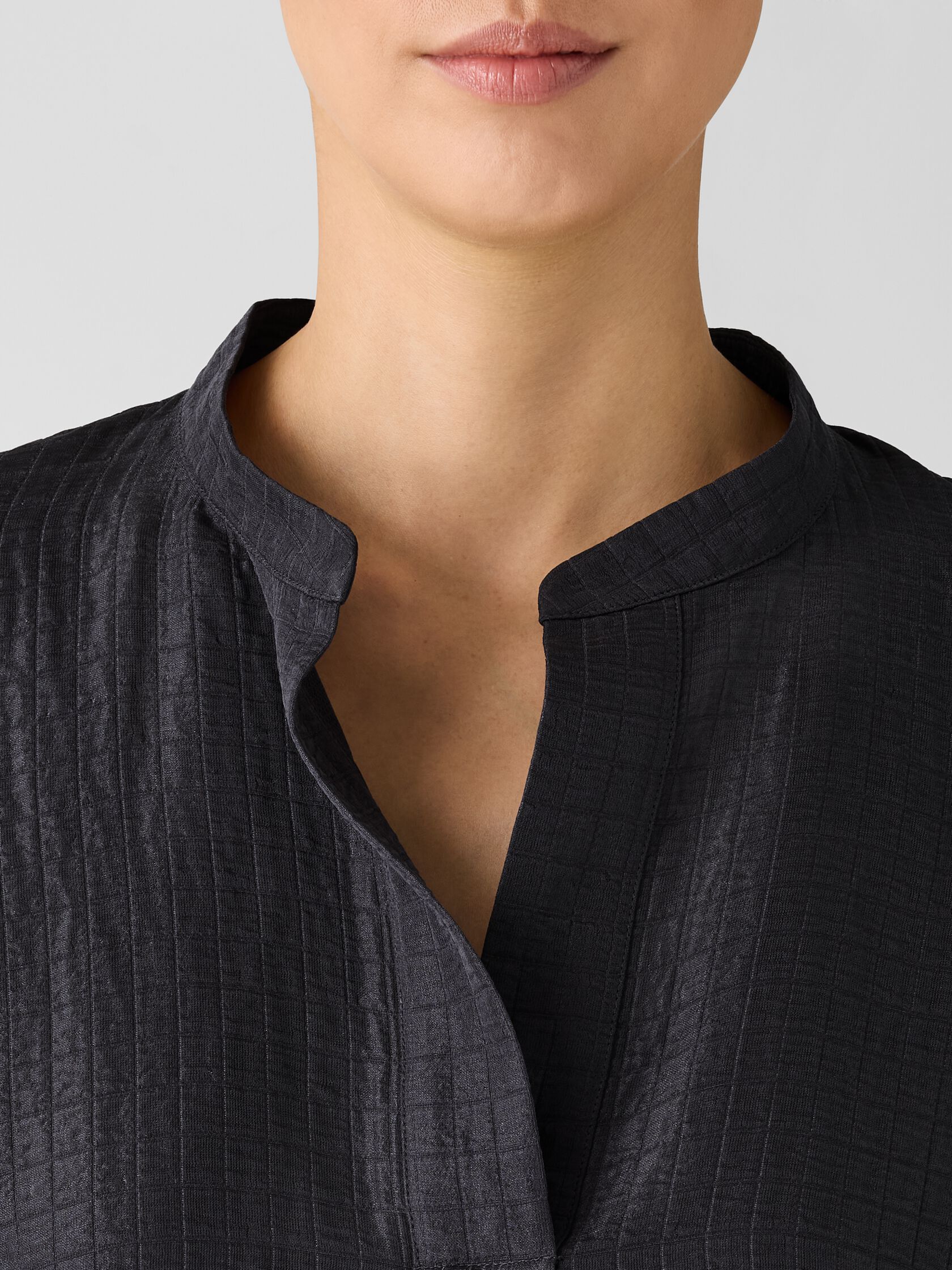 Silk Linen Box Band Collar Top