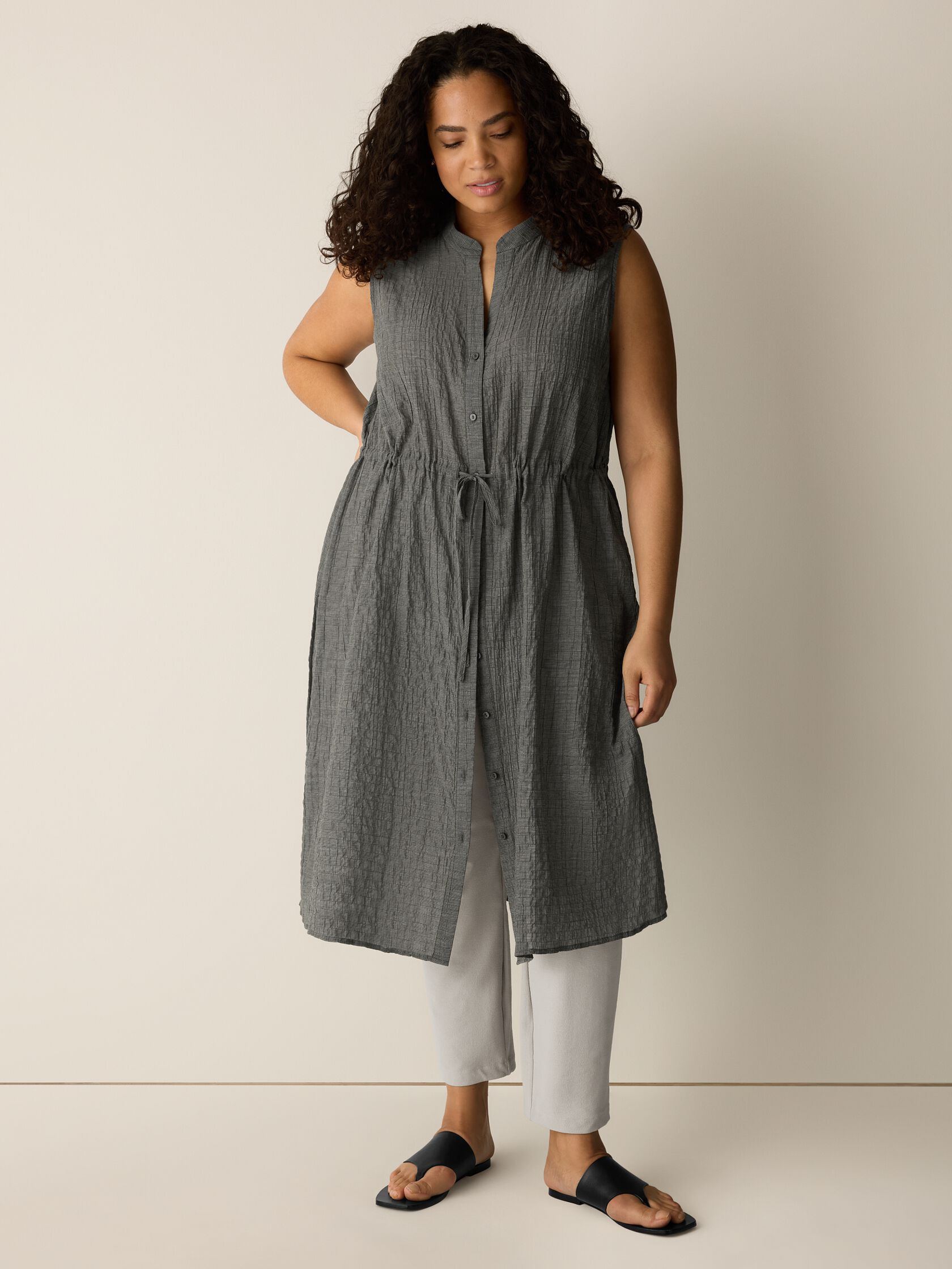 Organic Cotton Microstripe Pucker Band Collar Shirt