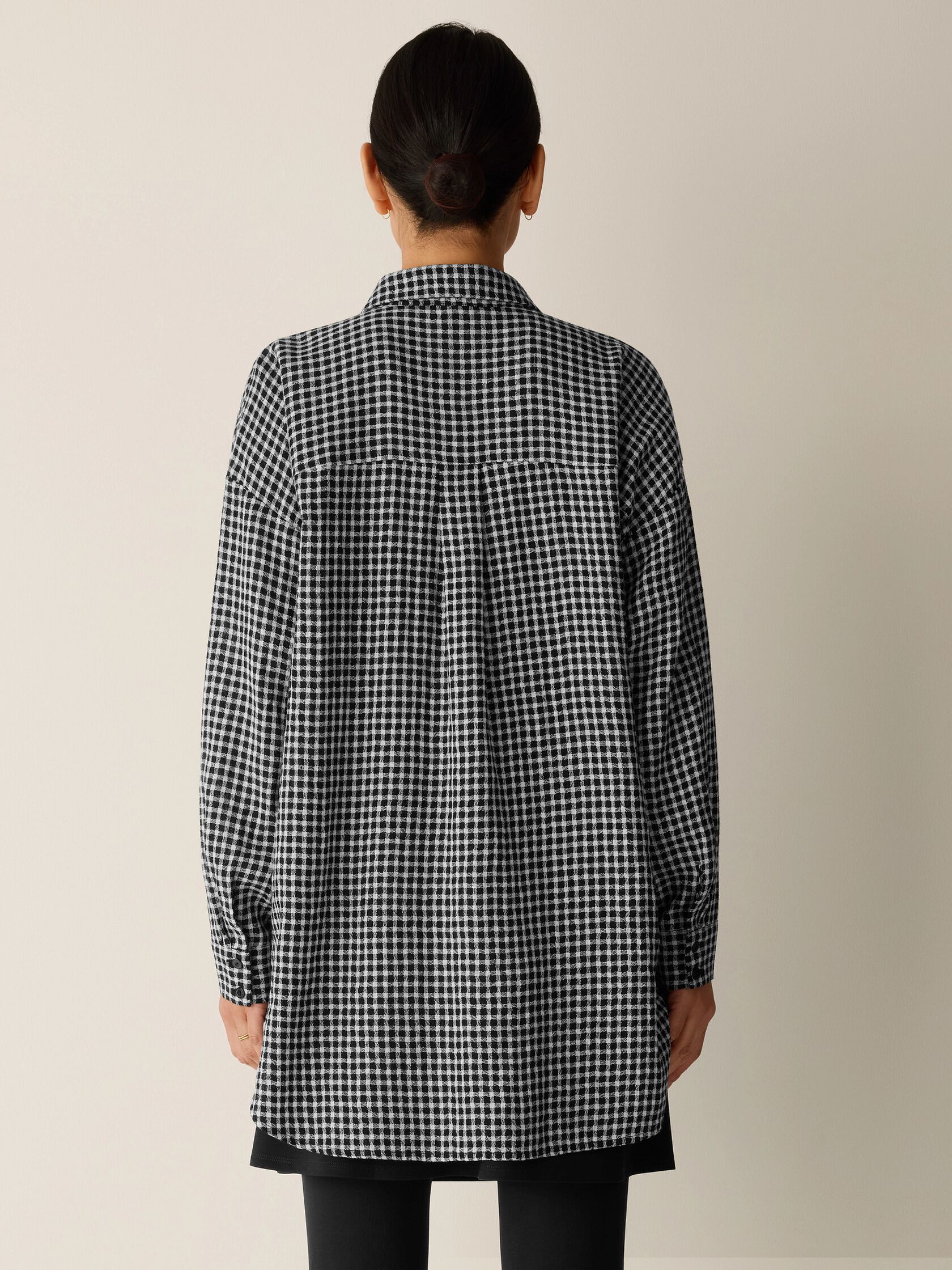 Wool Cotton Check Classic Collar Long Shirt