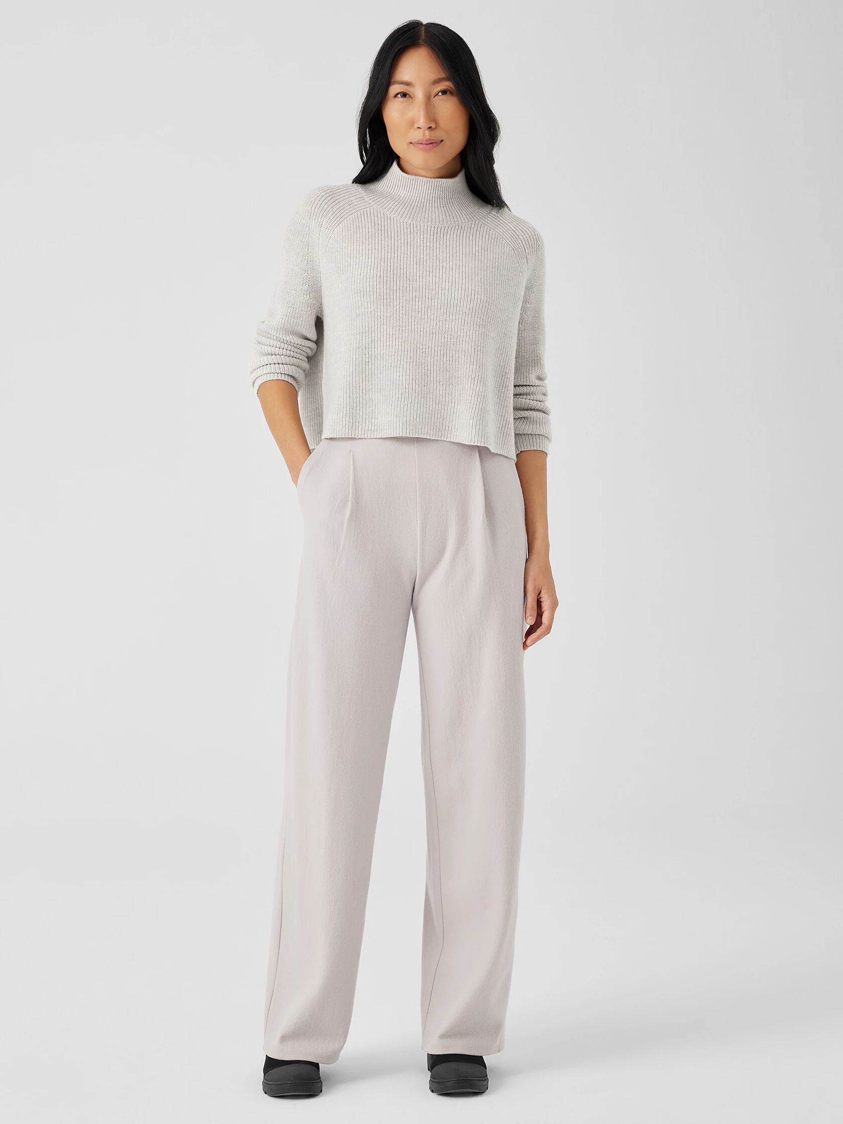 Boiled Wool Jersey Pleated Wide-Leg Pant