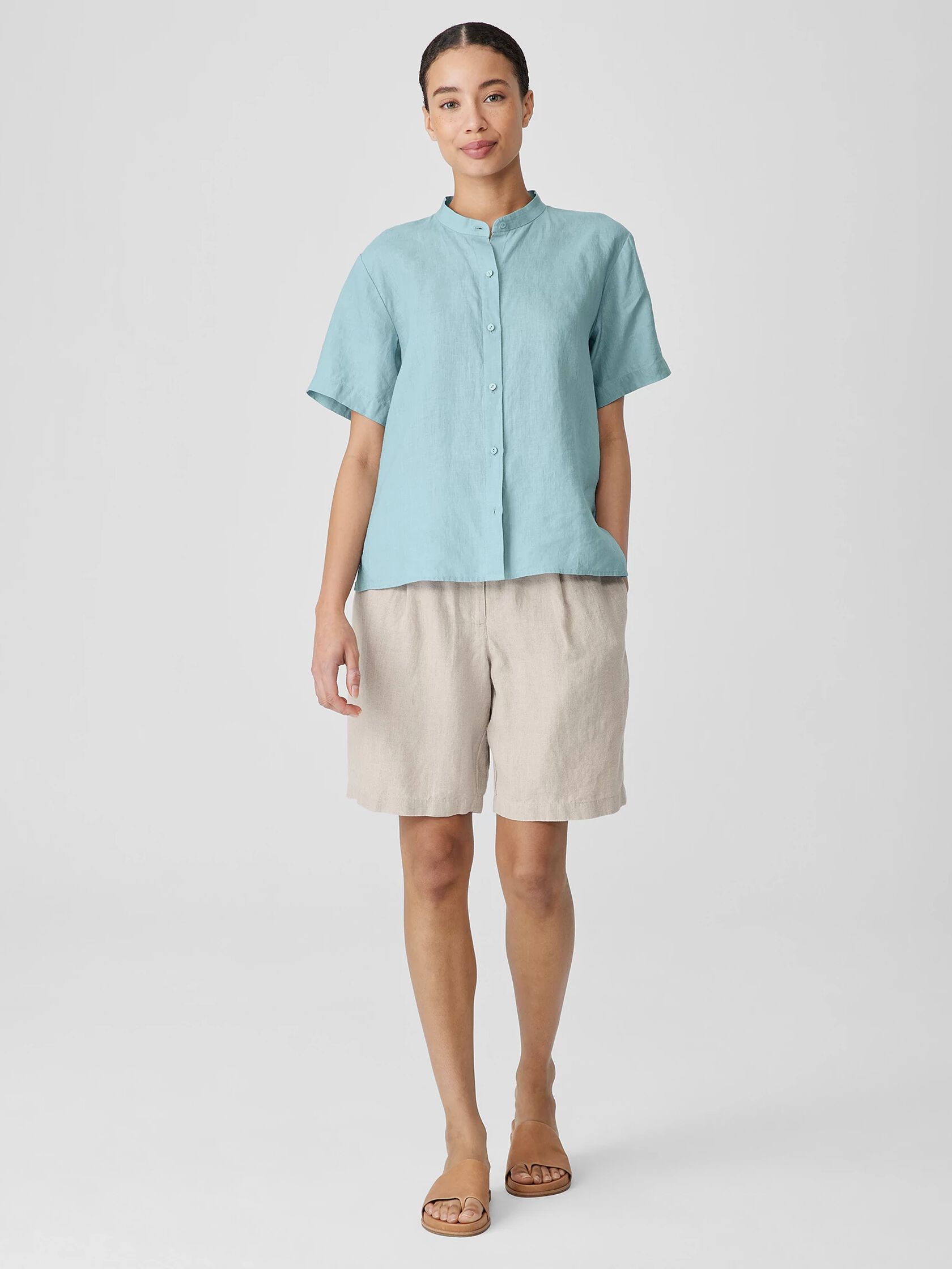 Organic Handkerchief Linen Band Collar Short-Sleeve Shirt