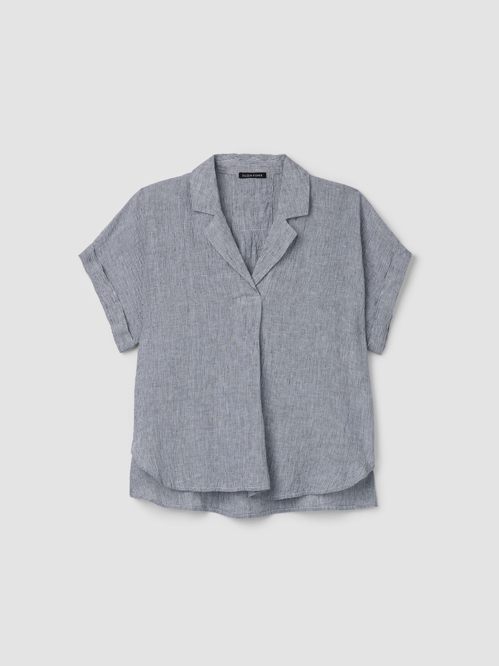 Puckered Organic Linen Stripe Notch Collar Top