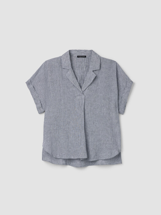 Puckered Organic Linen Stripe Notch Collar Top