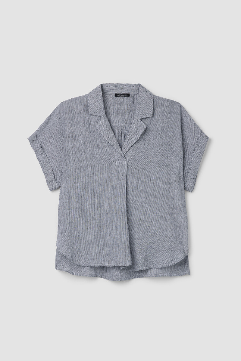 Puckered Organic Linen Stripe Notch Collar Top Puckered Organic Linen Stripe Notch Collar Top