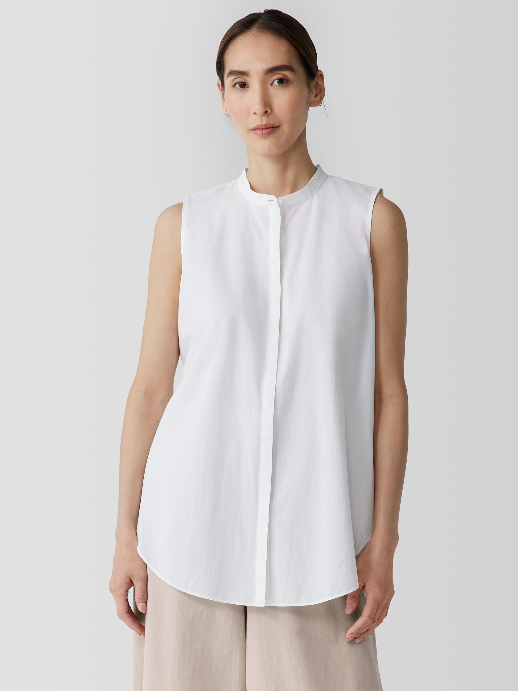 Washed Organic Cotton Poplin Band Collar Shirt