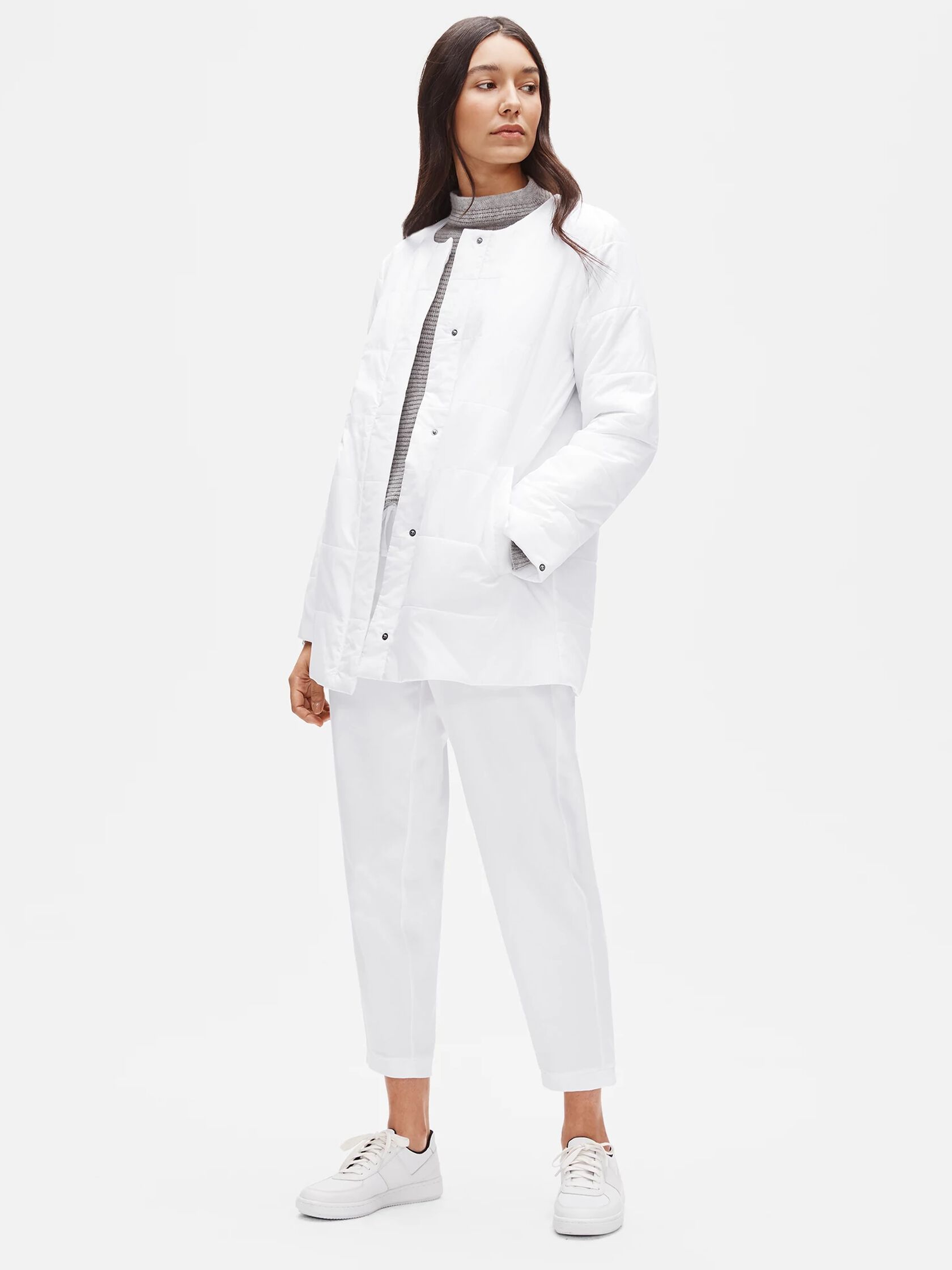 Eggshell Recycled Nylon Round Neck Coat