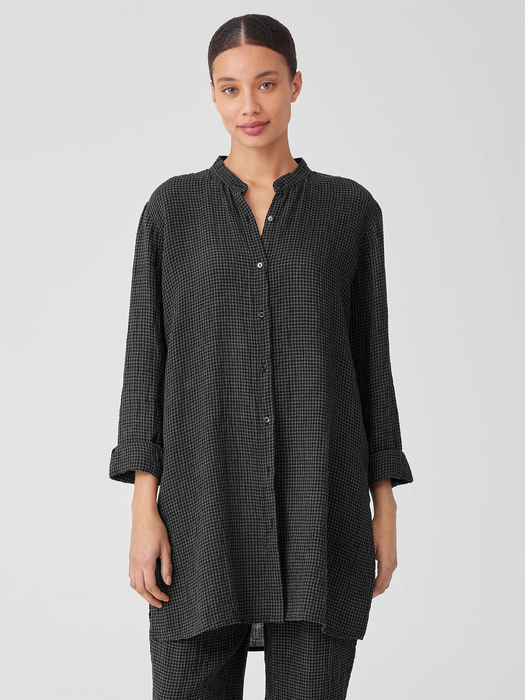 Puckered Organic Linen Mandarin Collar Long Shirt