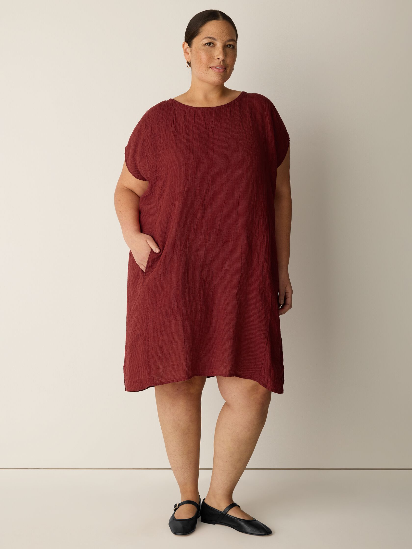 Puckered Organic Linen Stripe Jewel Neck Dress